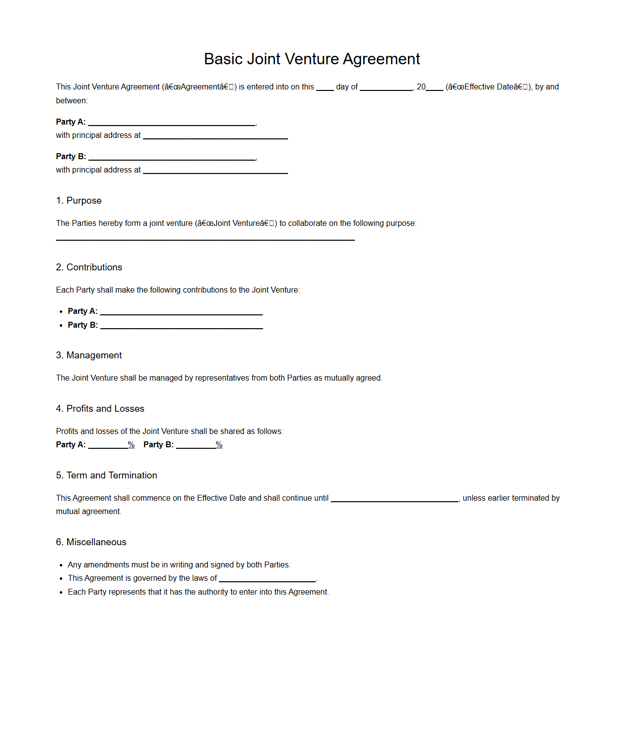Basic Joint Venture Agreement Template
