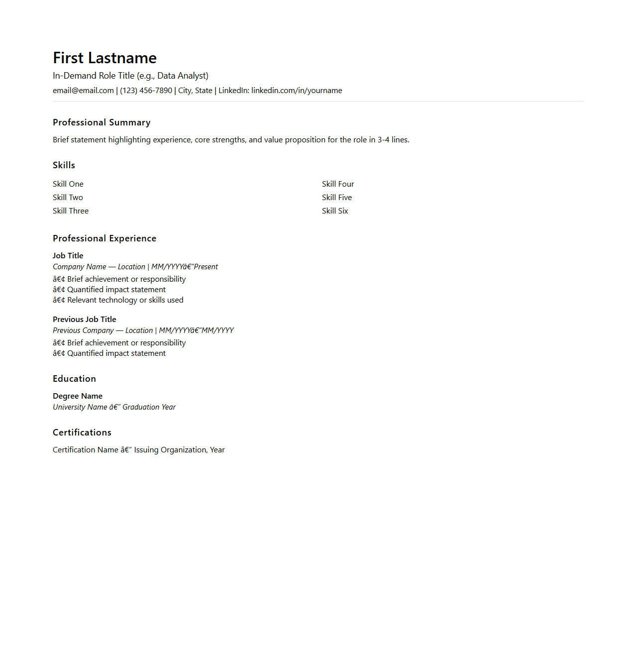 Basic One-Page Resume Structure for In-Demand Roles