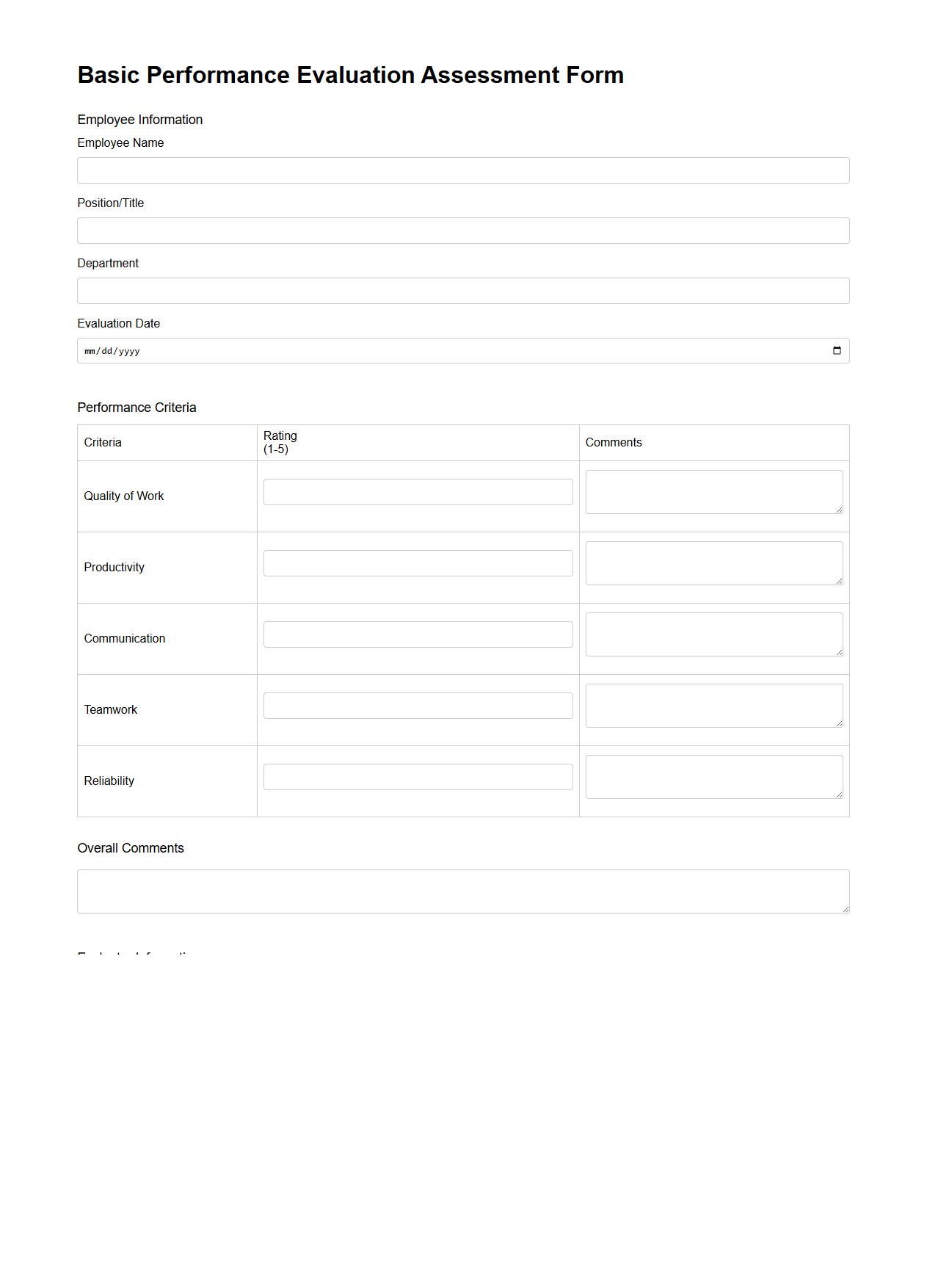 Basic Performance Evaluation Assessment Form
