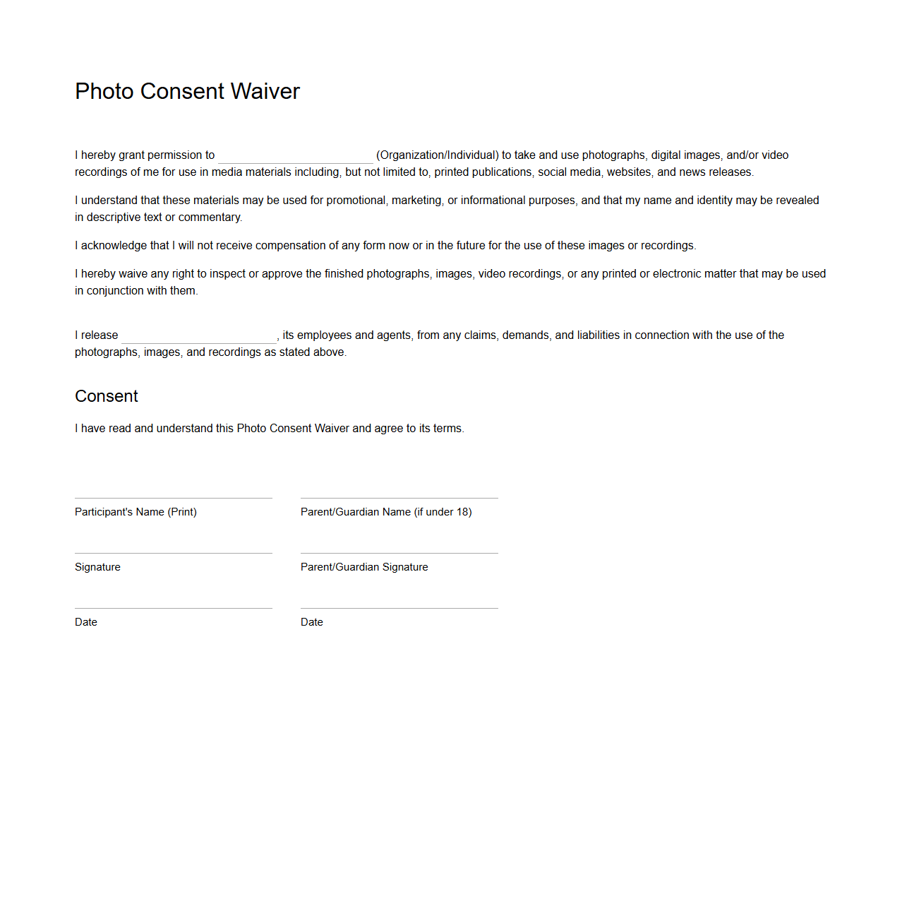 Basic Photo Consent Waiver Template for Media