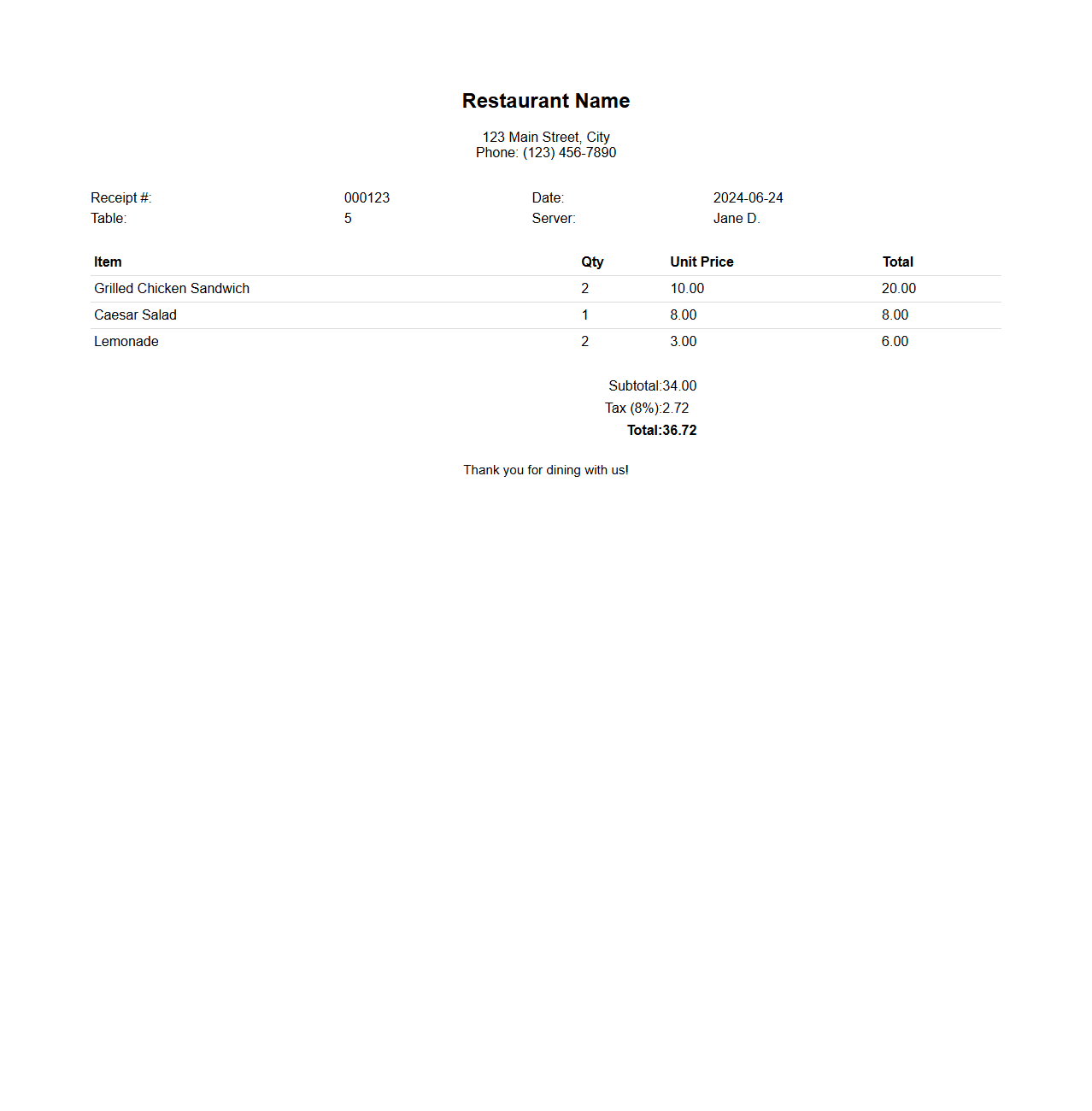Basic Restaurant Meal Receipt Template