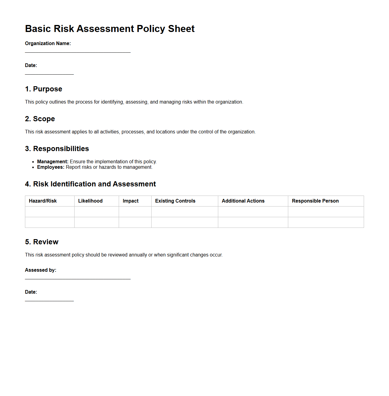 Basic Risk Assessment Policy Sheet