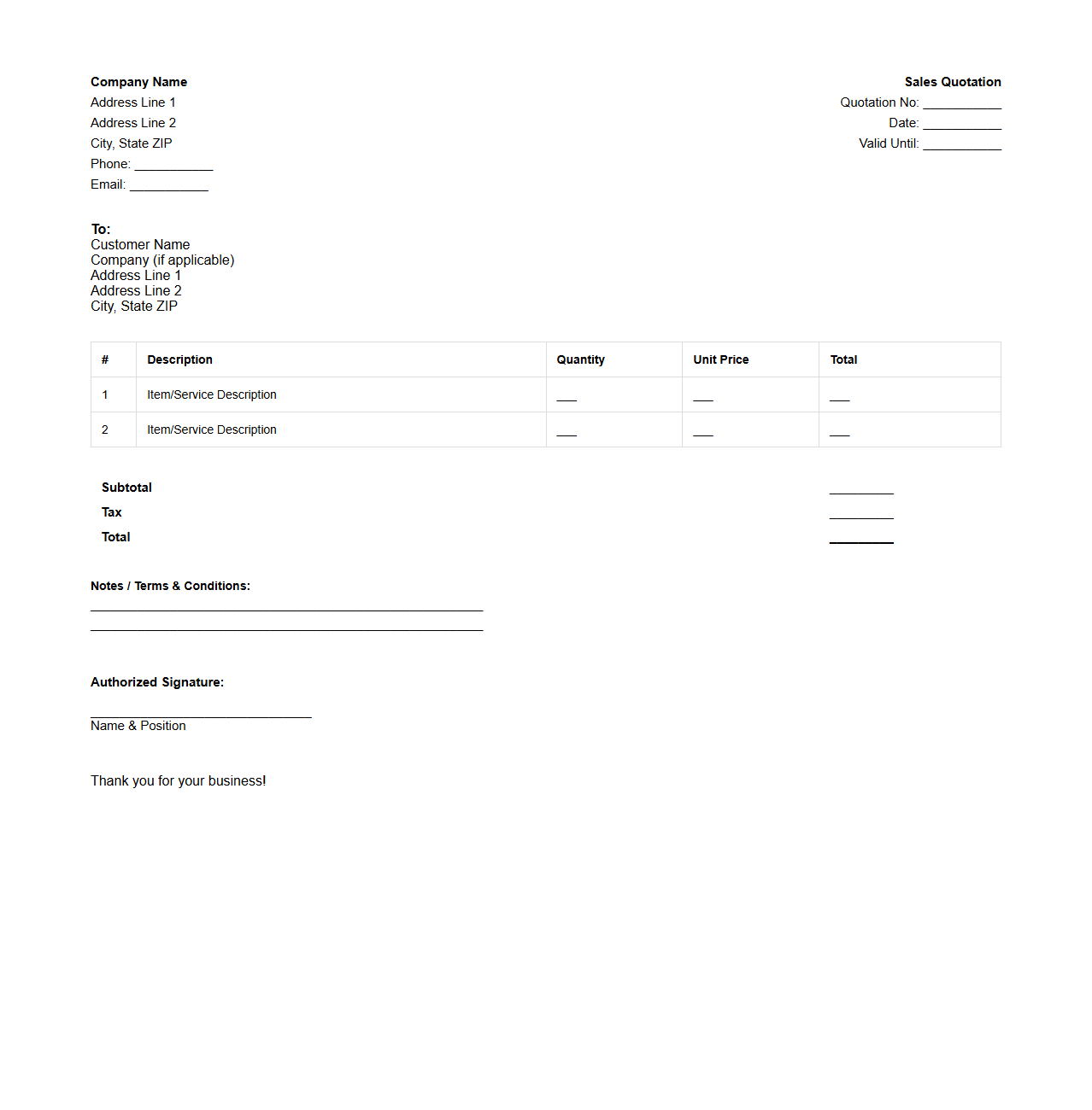 Basic Sales Quotation Template for Companies