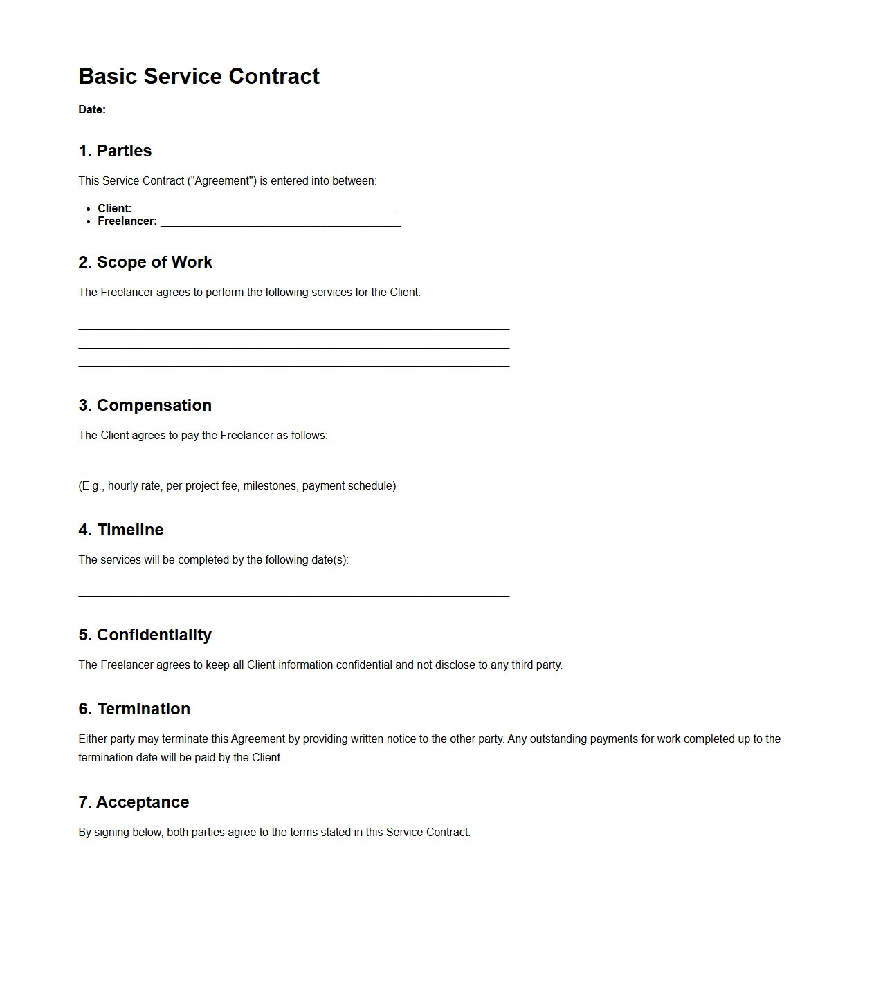 Basic Service Contract Template for Freelancers