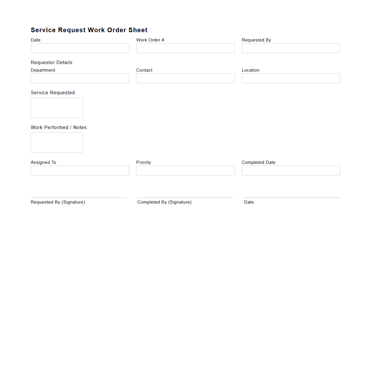 Basic Service Request Work Order Sheet