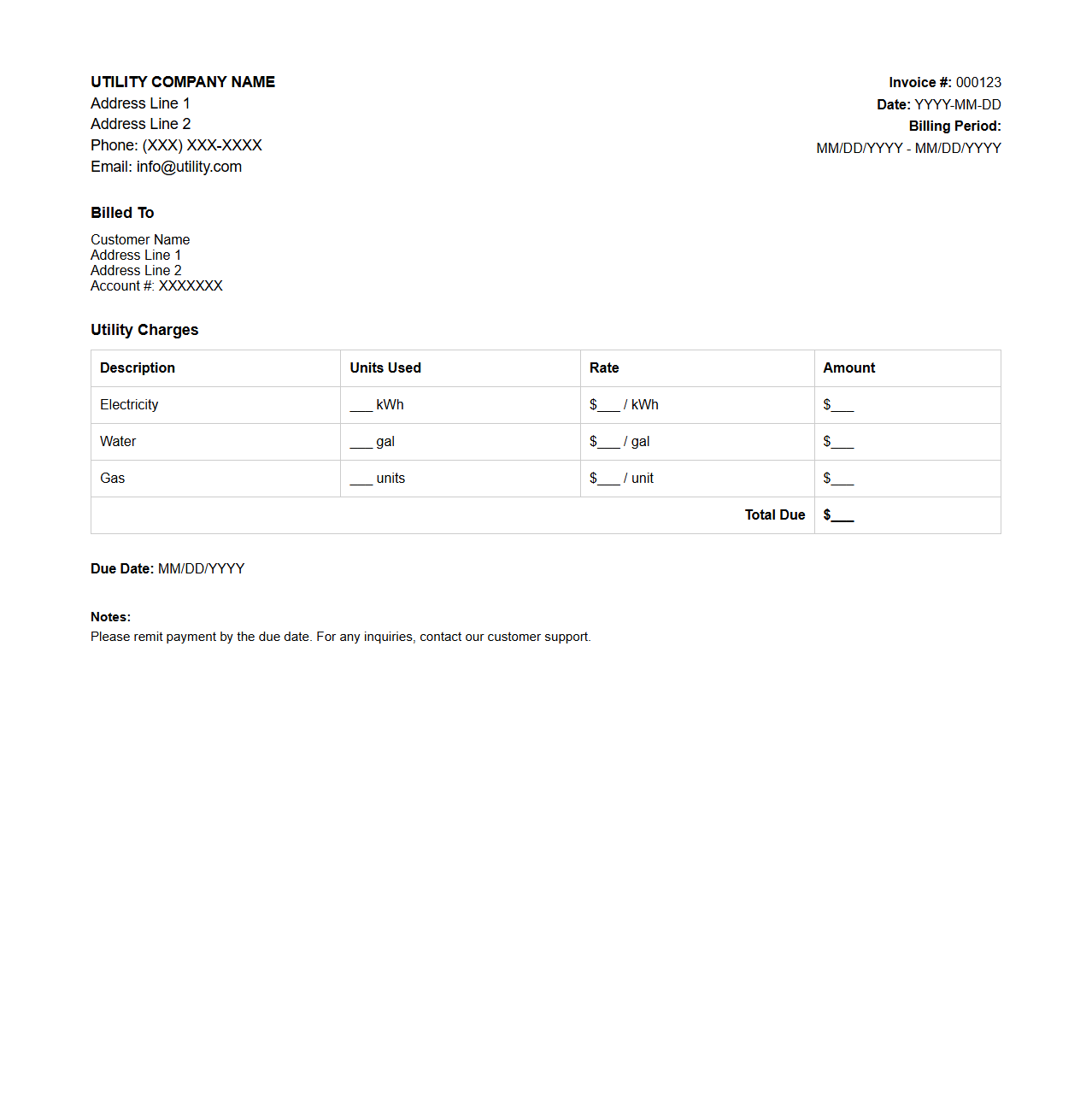 Basic Utility Invoice Template for Monthly Billing