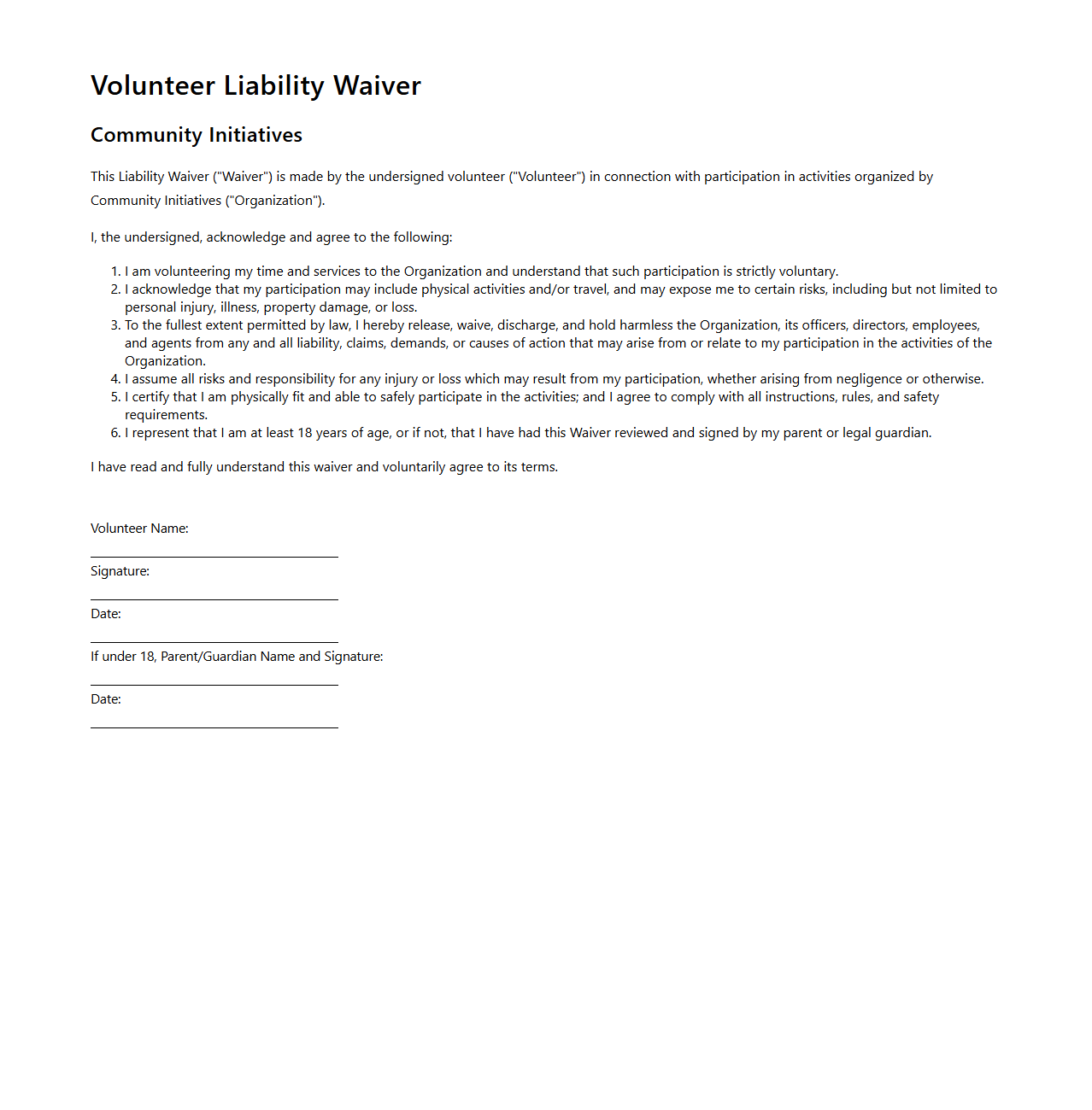 Basic Volunteer Liability Waiver for Community Initiatives