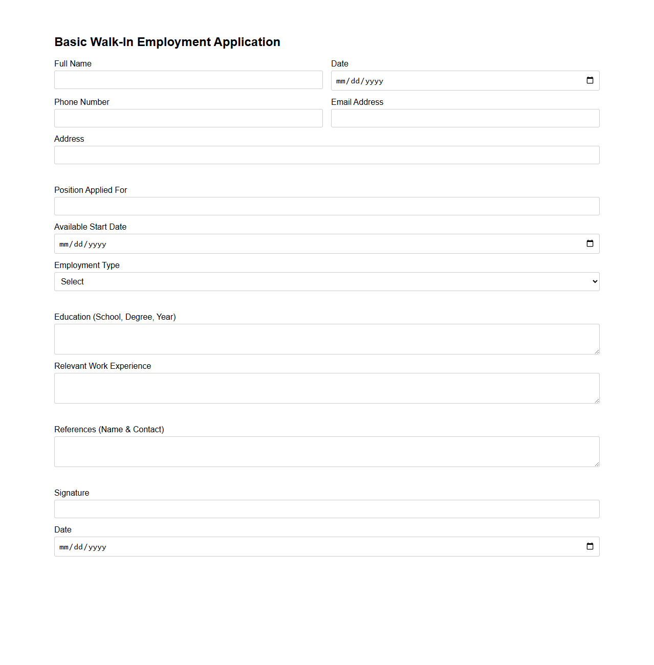 Basic Walk-In Employment Application Sheet