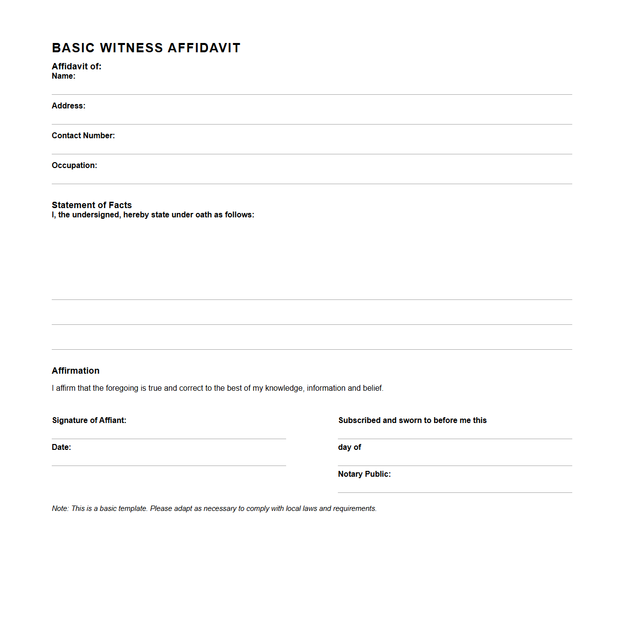 Basic Witness Affidavit Template for Law Firms