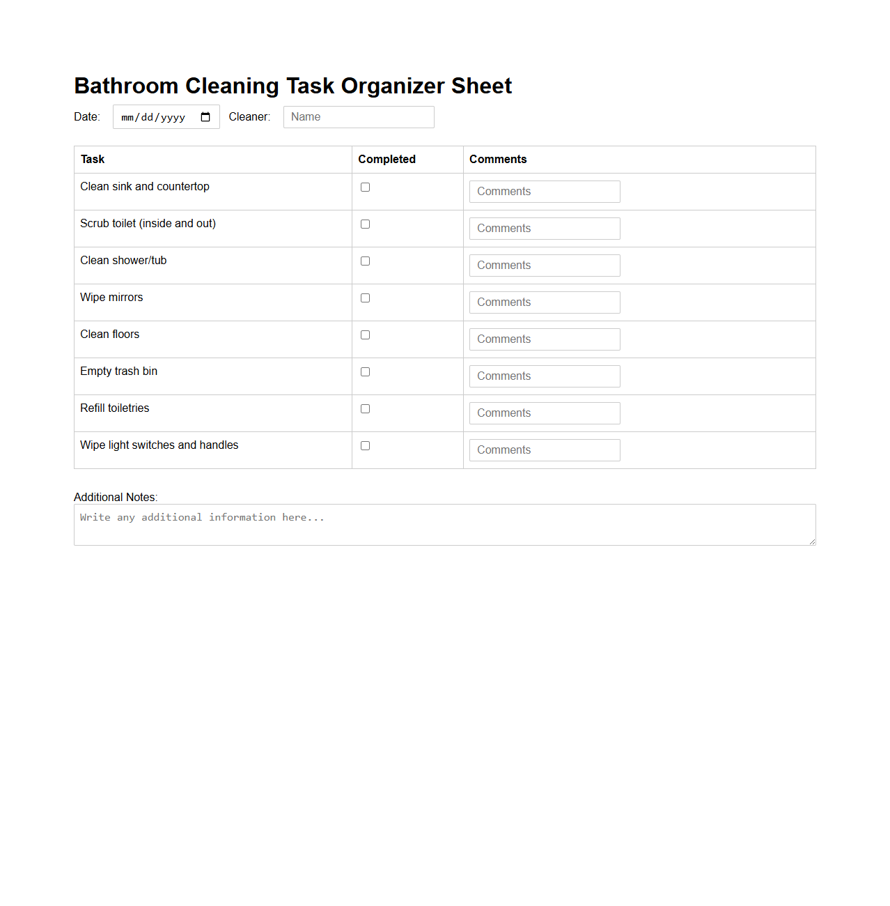 Bathroom Cleaning Task Organizer Sheet