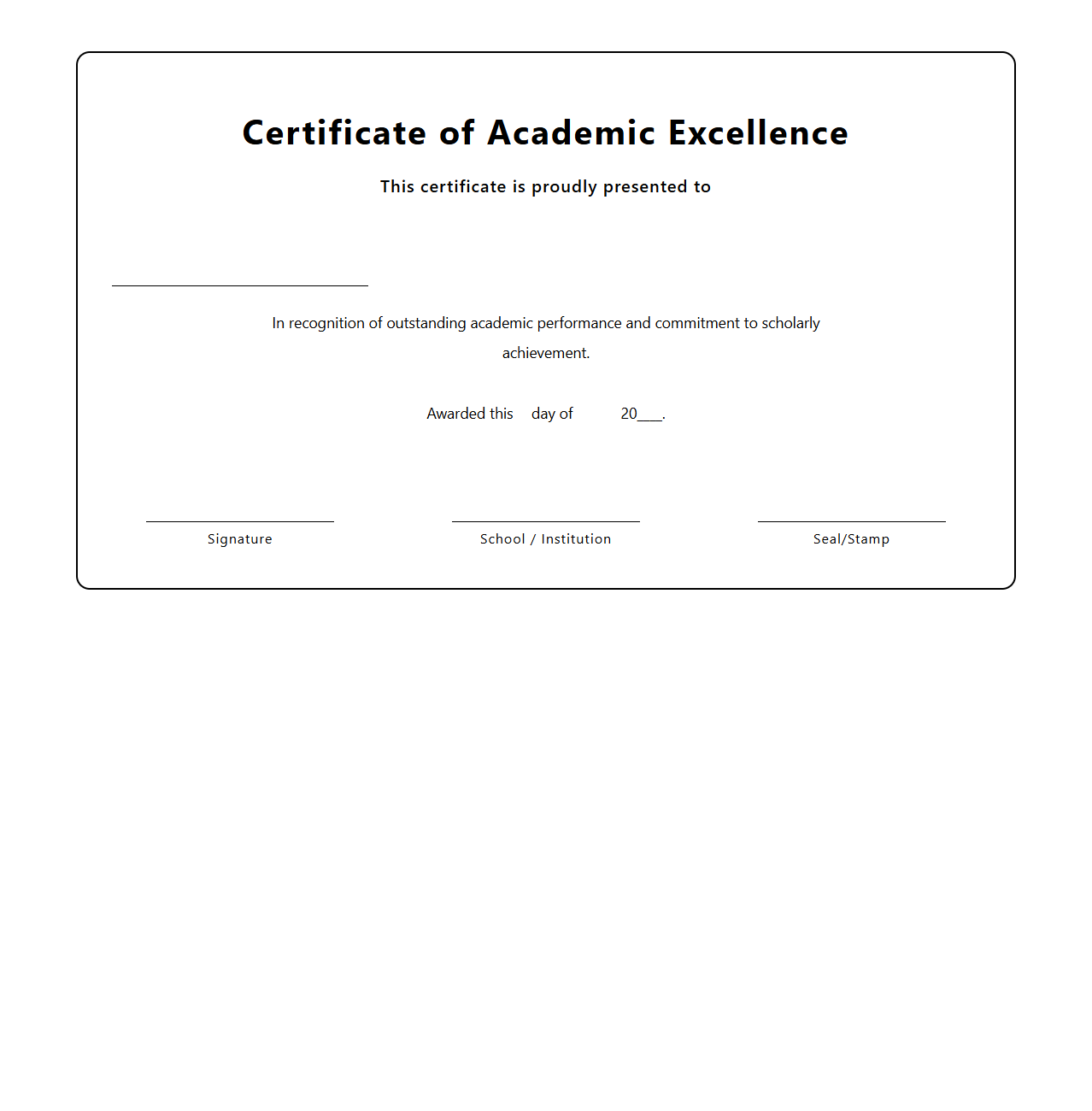 Blank Academic Excellence Certificate Template for Students