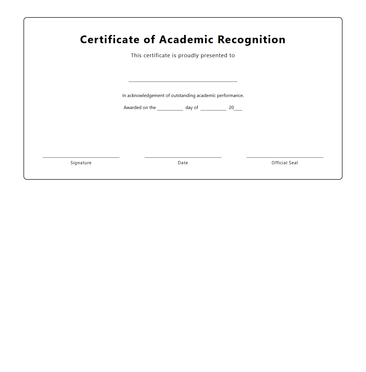 Blank Academic Recognition Certificate Template
