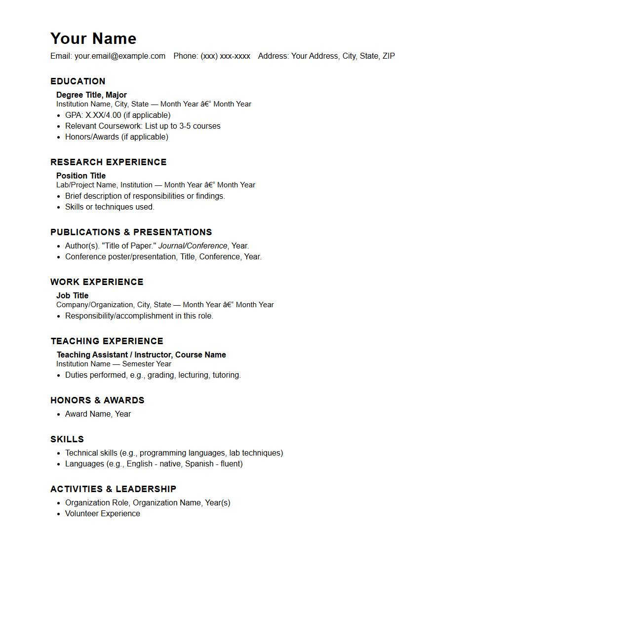 Blank Academic Resume Template for Grad School