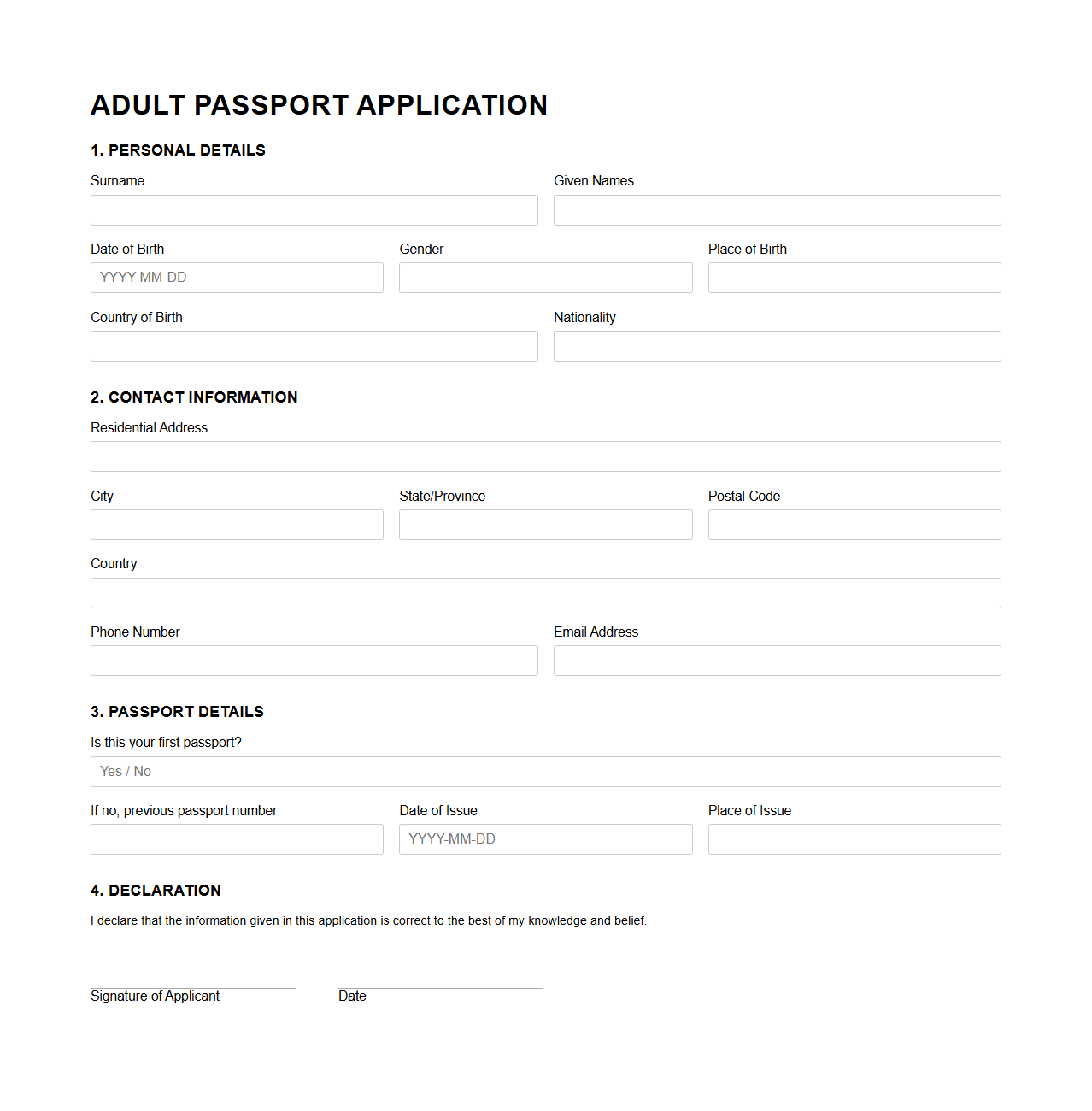 Blank Adult Passport Application Template