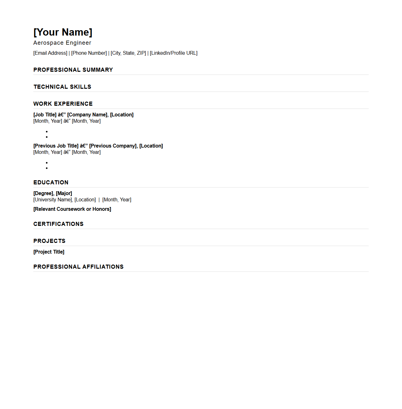 Blank Aerospace Engineering Resume Template for Aviation Engineers
