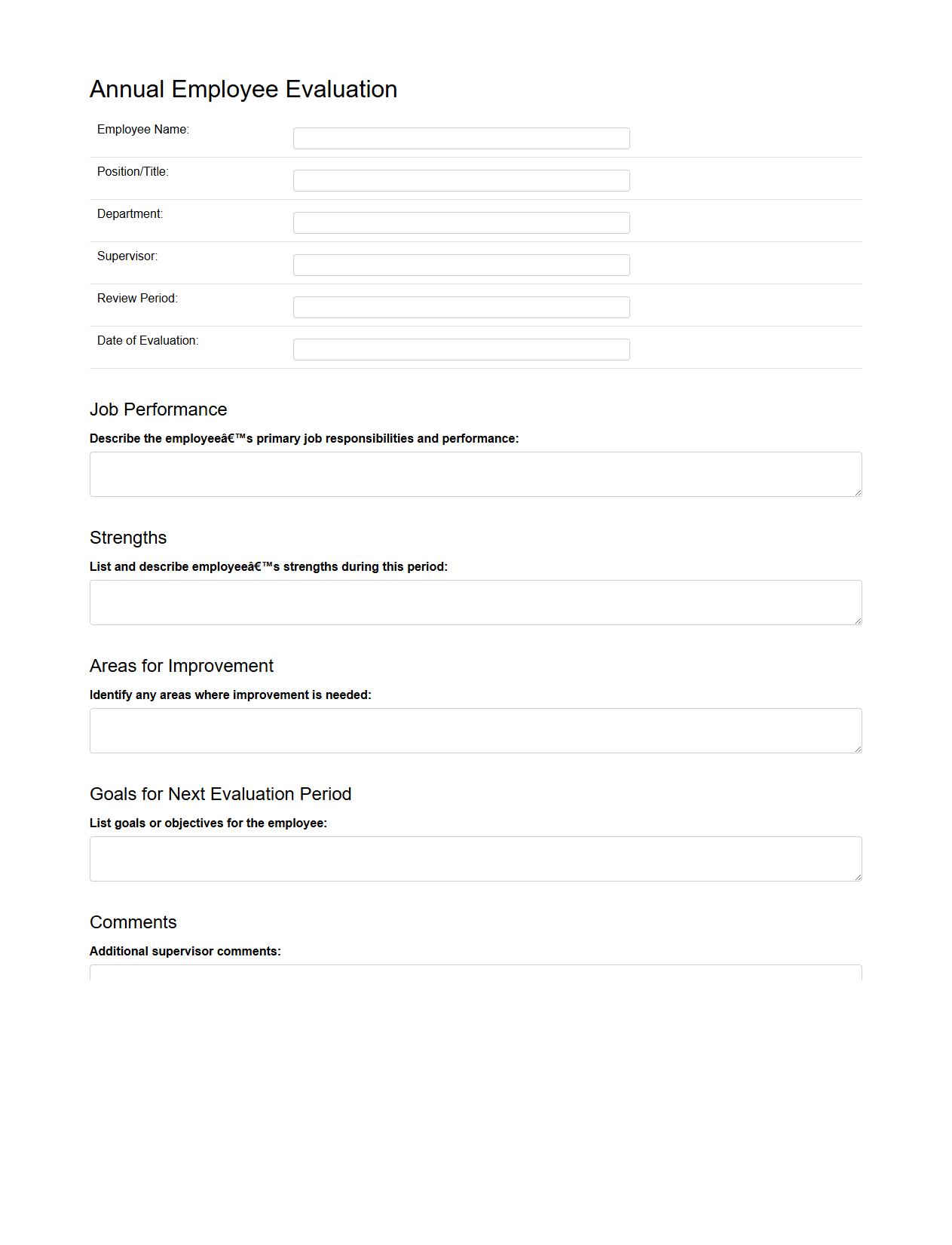 Blank Annual Employee Evaluation Template
