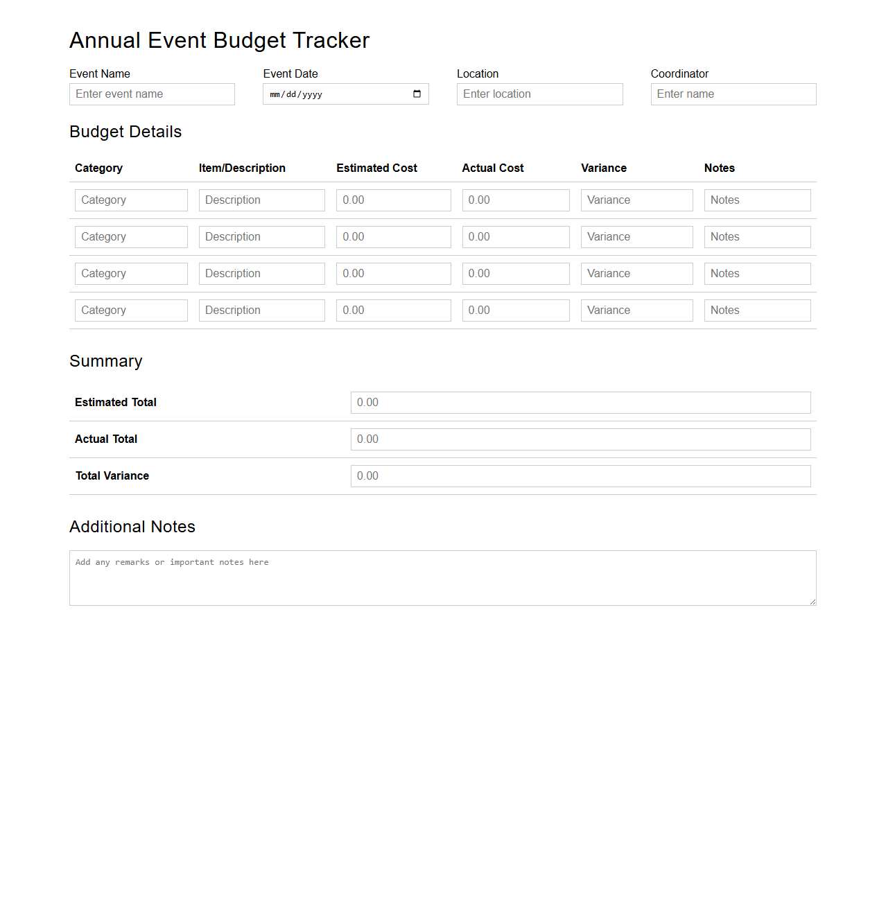 Blank Annual Event Budget Tracker for Planning and Analysis