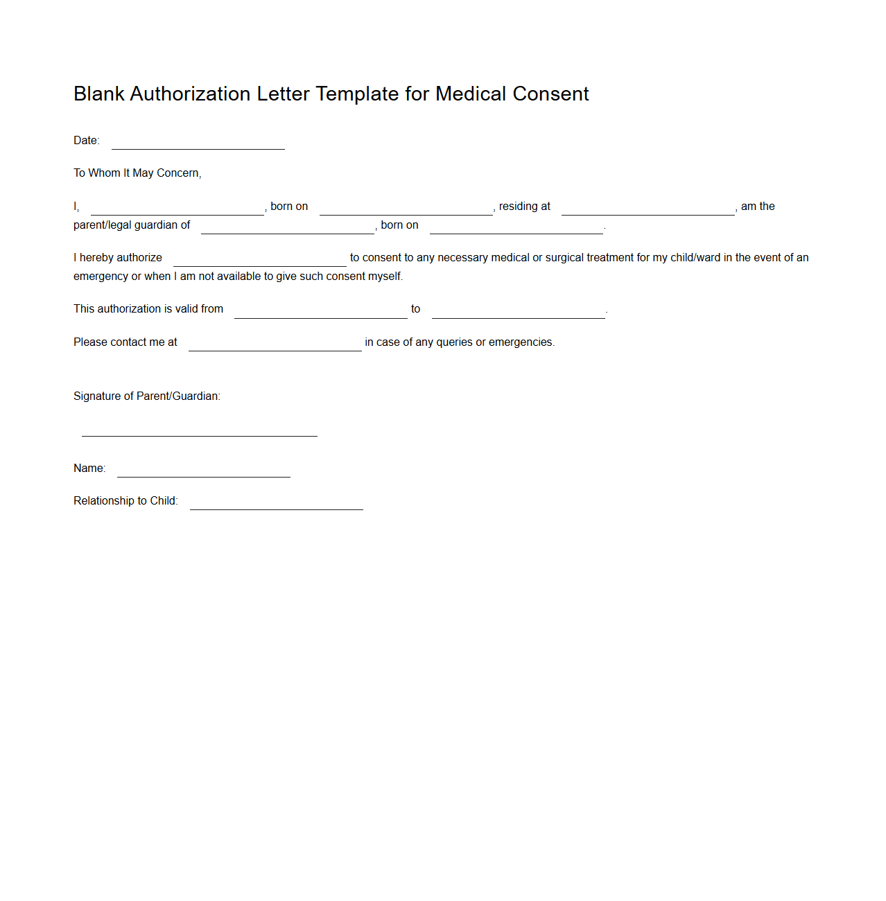 Blank Authorization Letter Template for Medical Consent