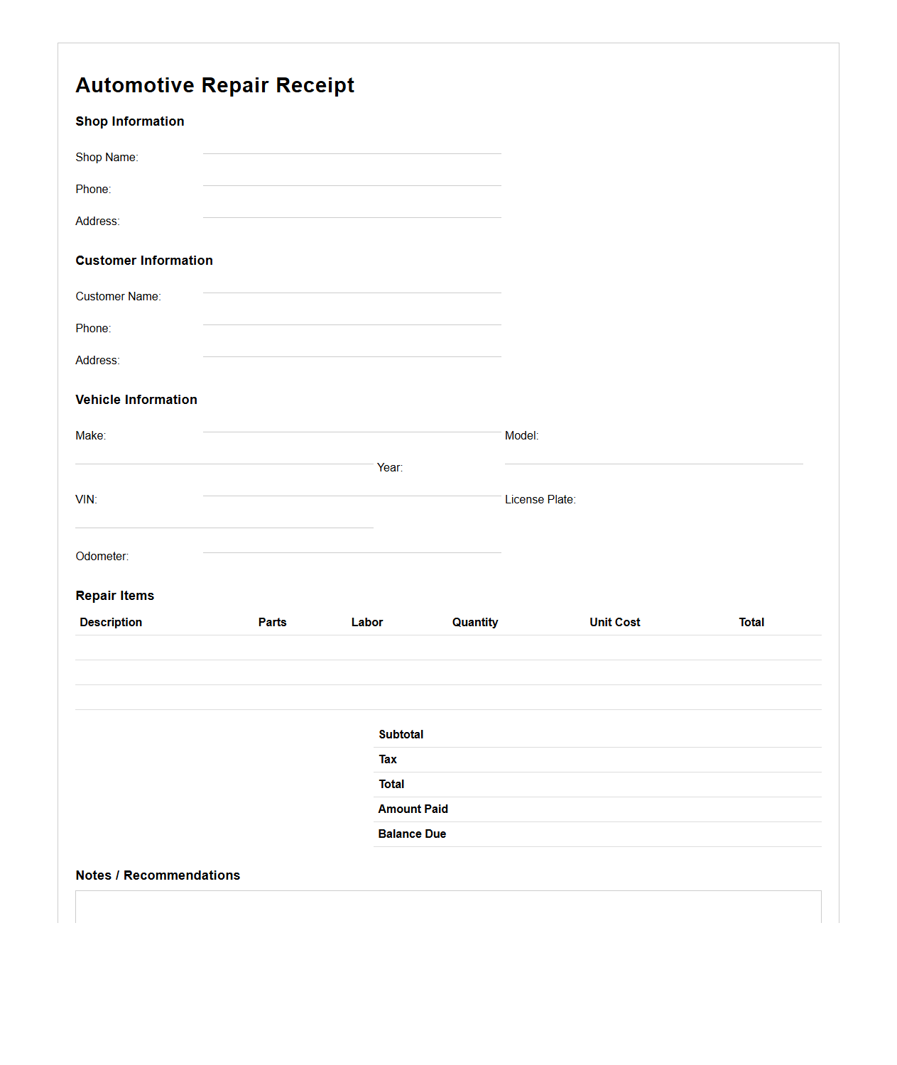 Blank Automotive Repair Receipt Template