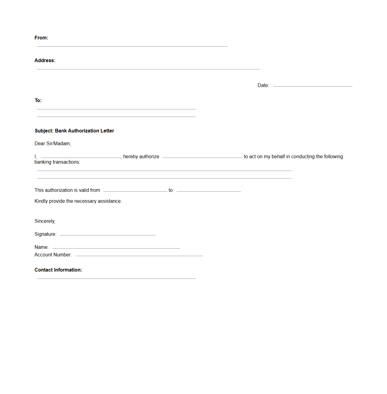 Blank Bank Authorization Letter Template