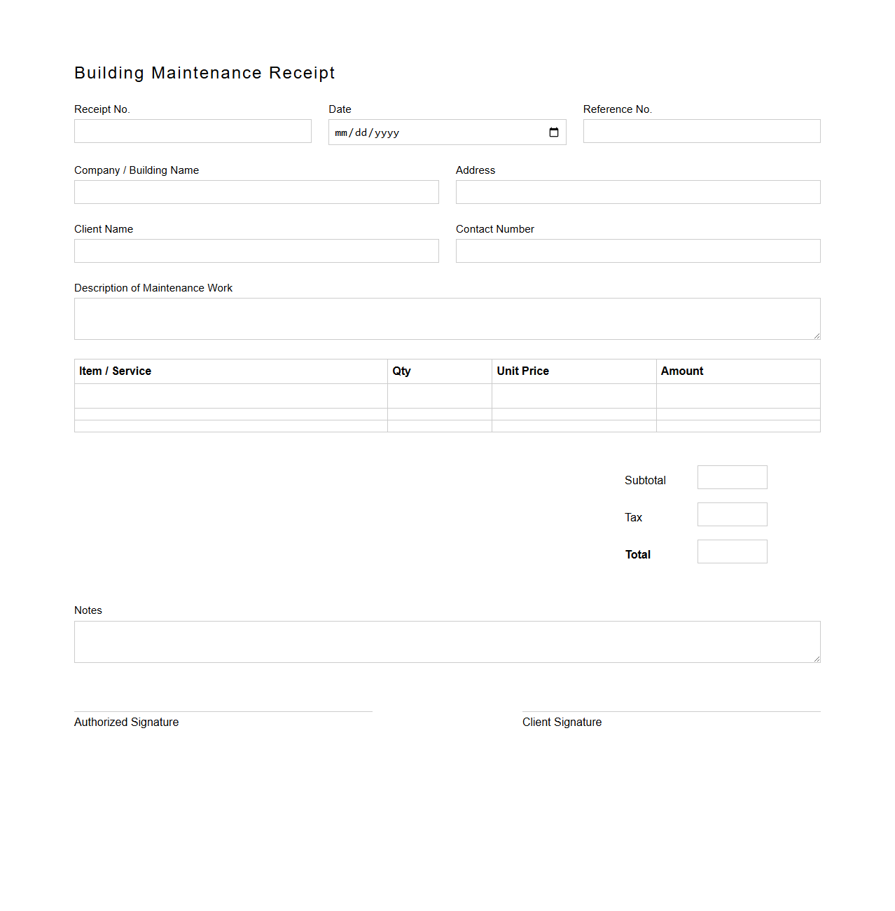 Blank Building Maintenance Receipt Template