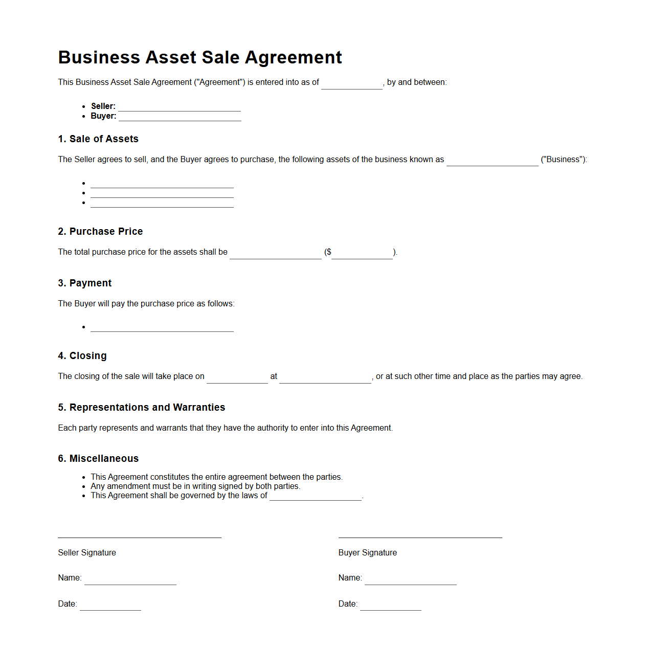 Blank Business Asset Sale Agreement
