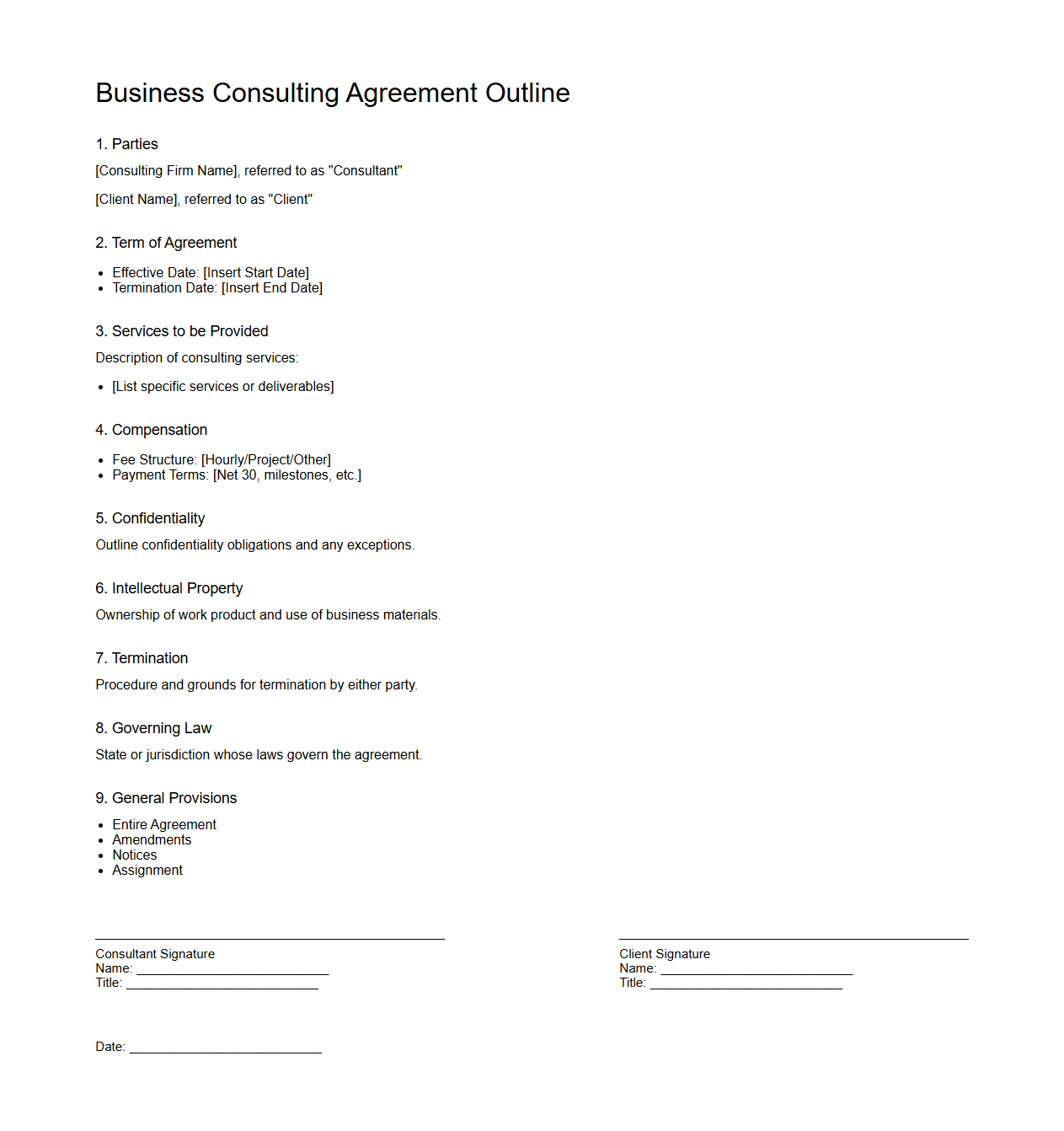Blank Business Consulting Agreement Outline