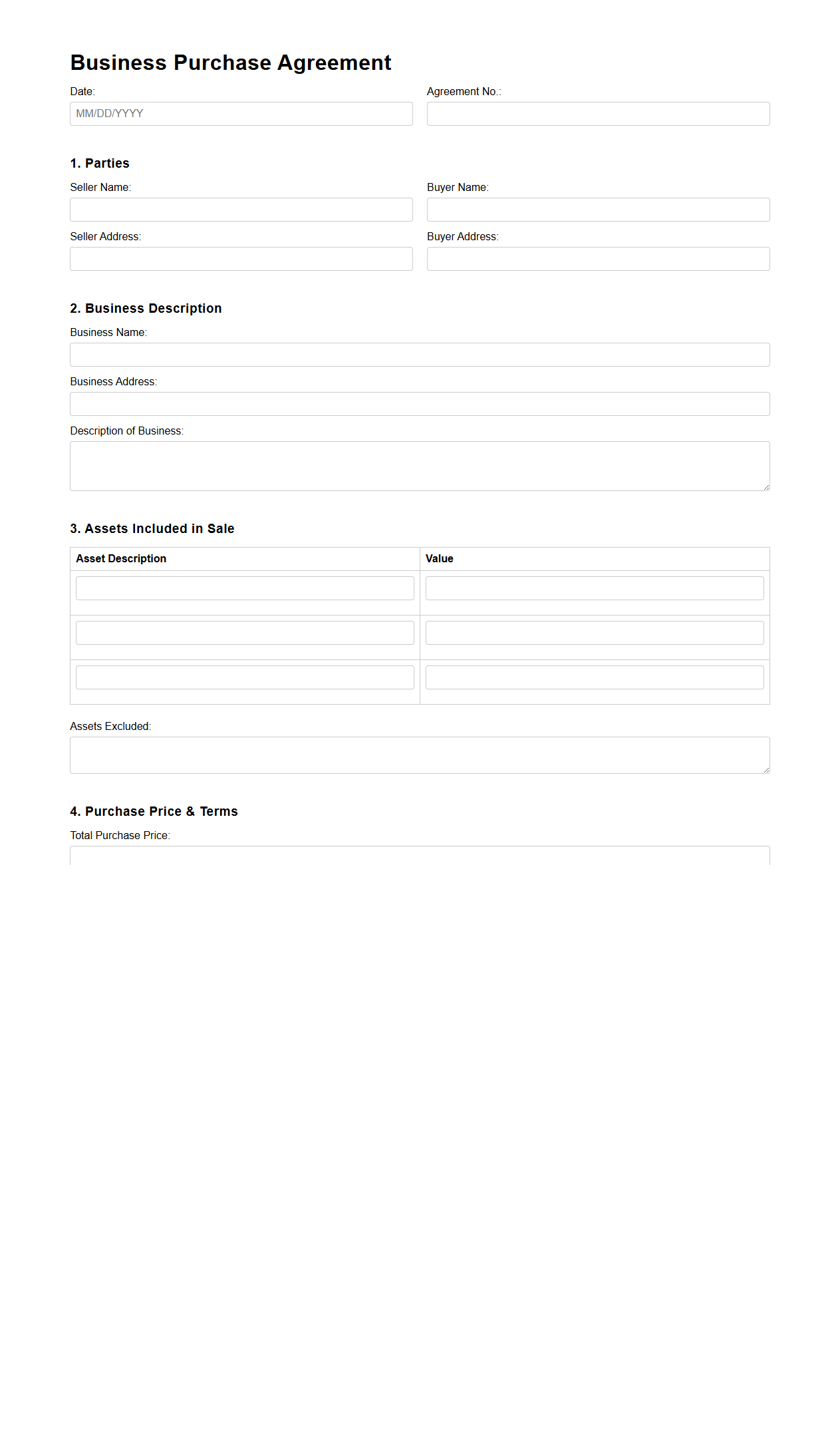 Blank Business Purchase Agreement Form for Company Sales