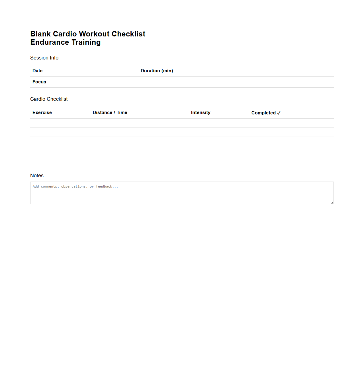 Blank Cardio Workout Checklist Template for Endurance Training