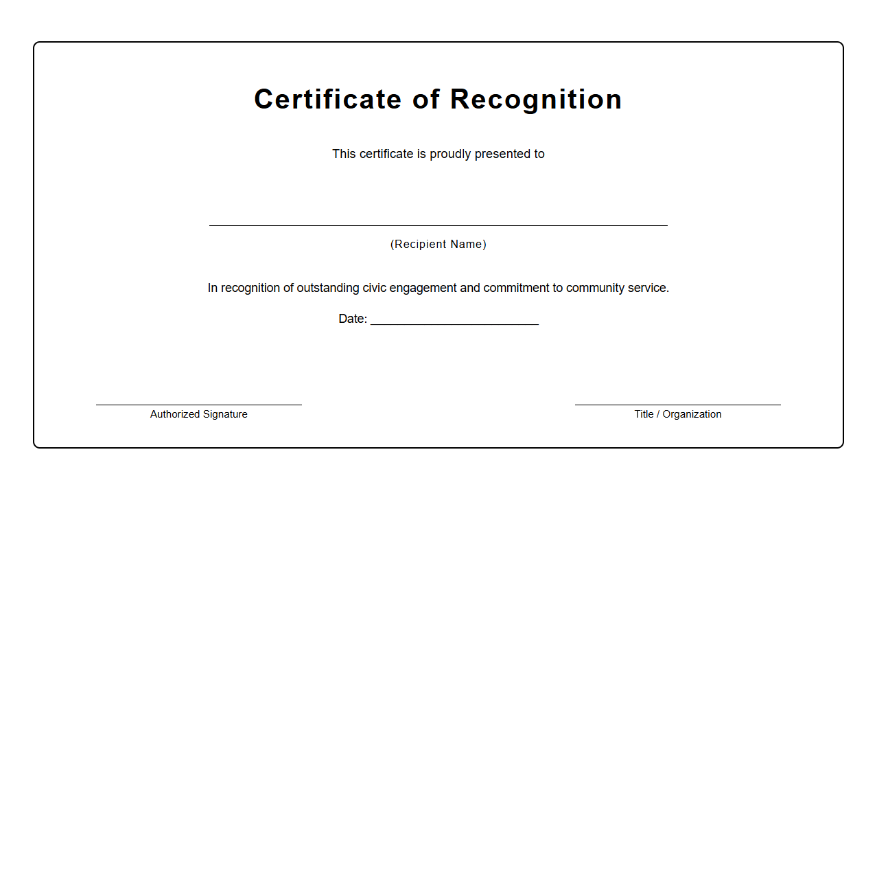 Blank Certificate of Recognition for Civic Engagement
