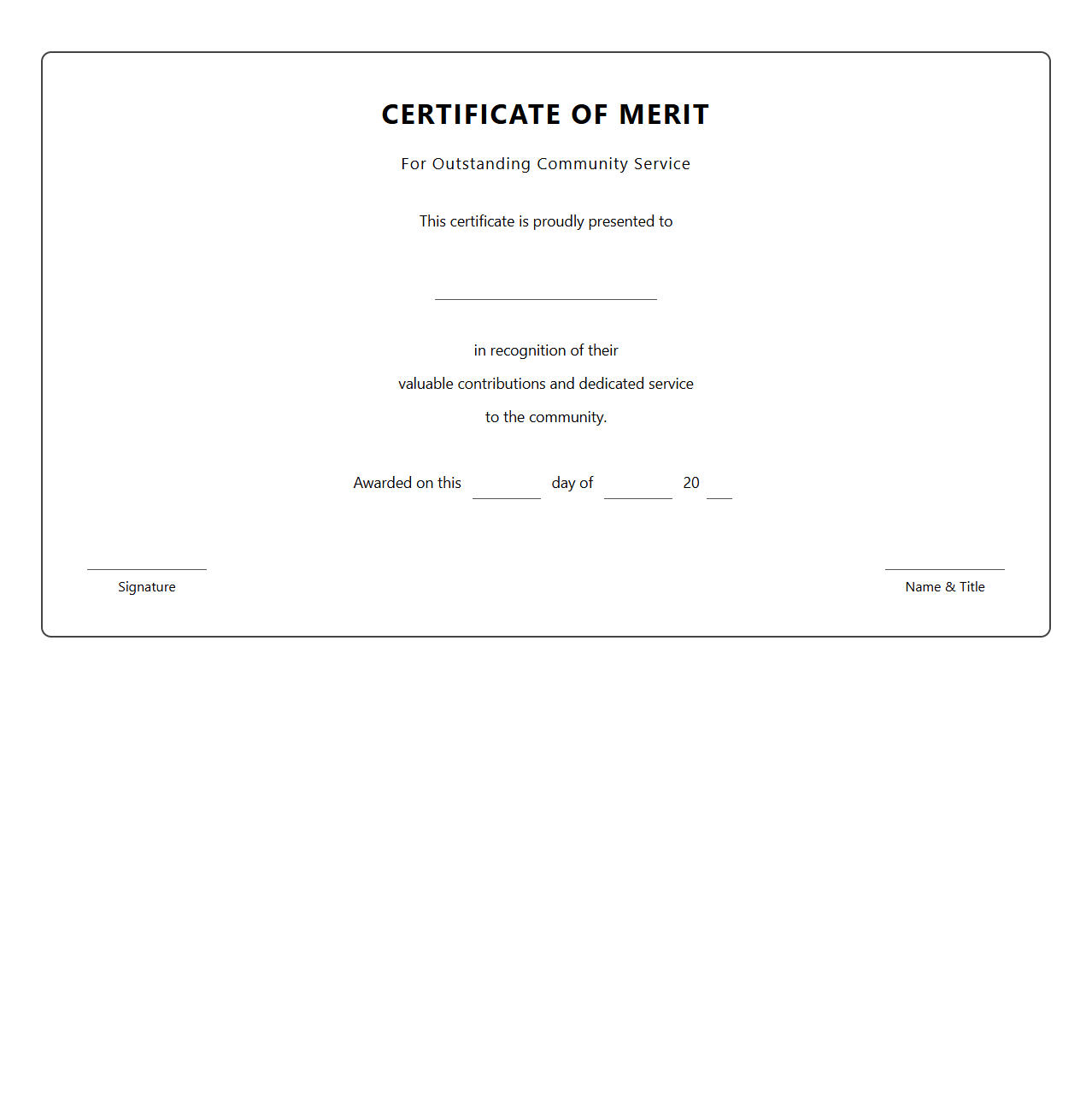 Blank Certificate Template for Community Service Merit