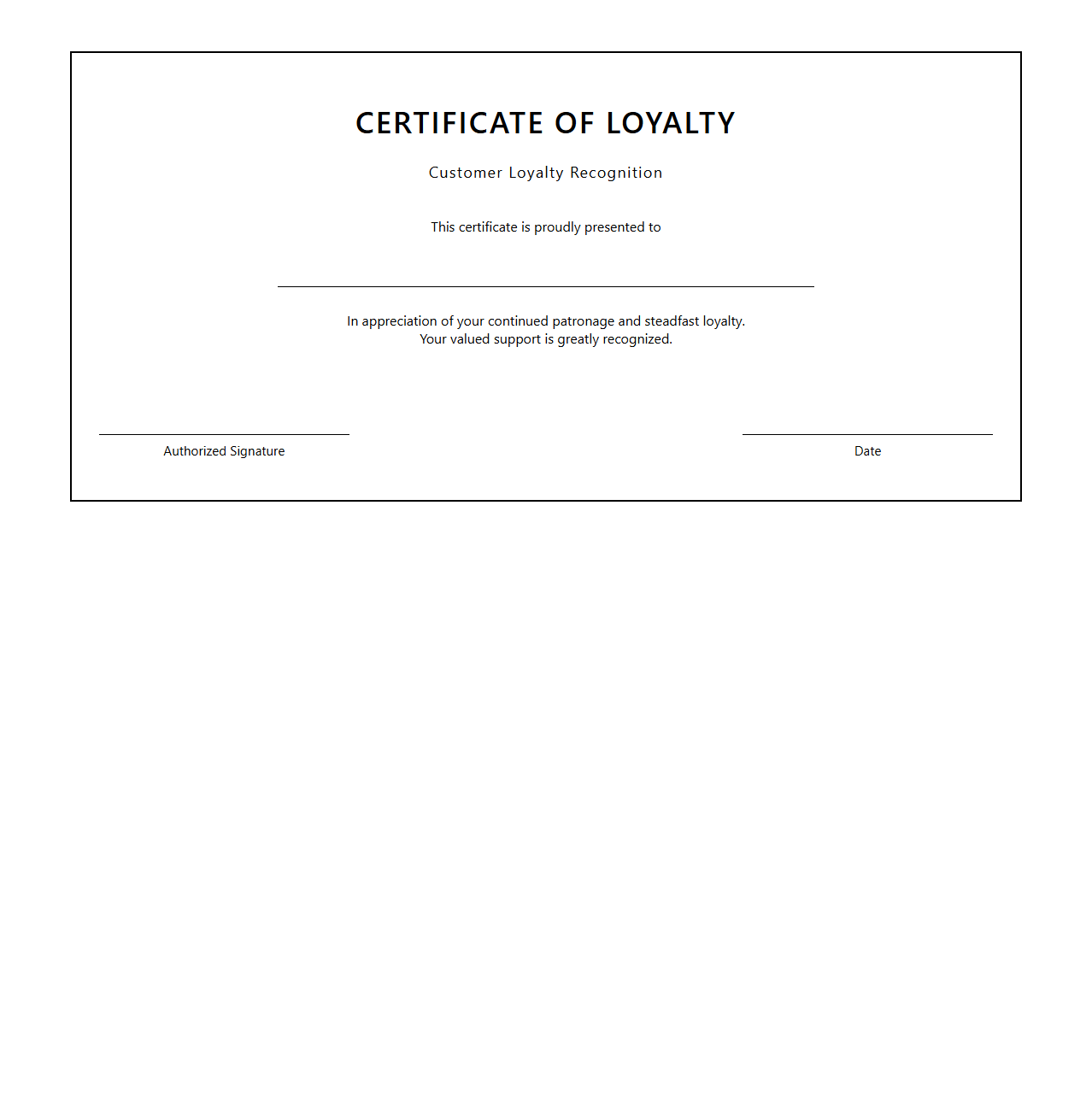 Blank Certificate Template for Customer Loyalty Recognition