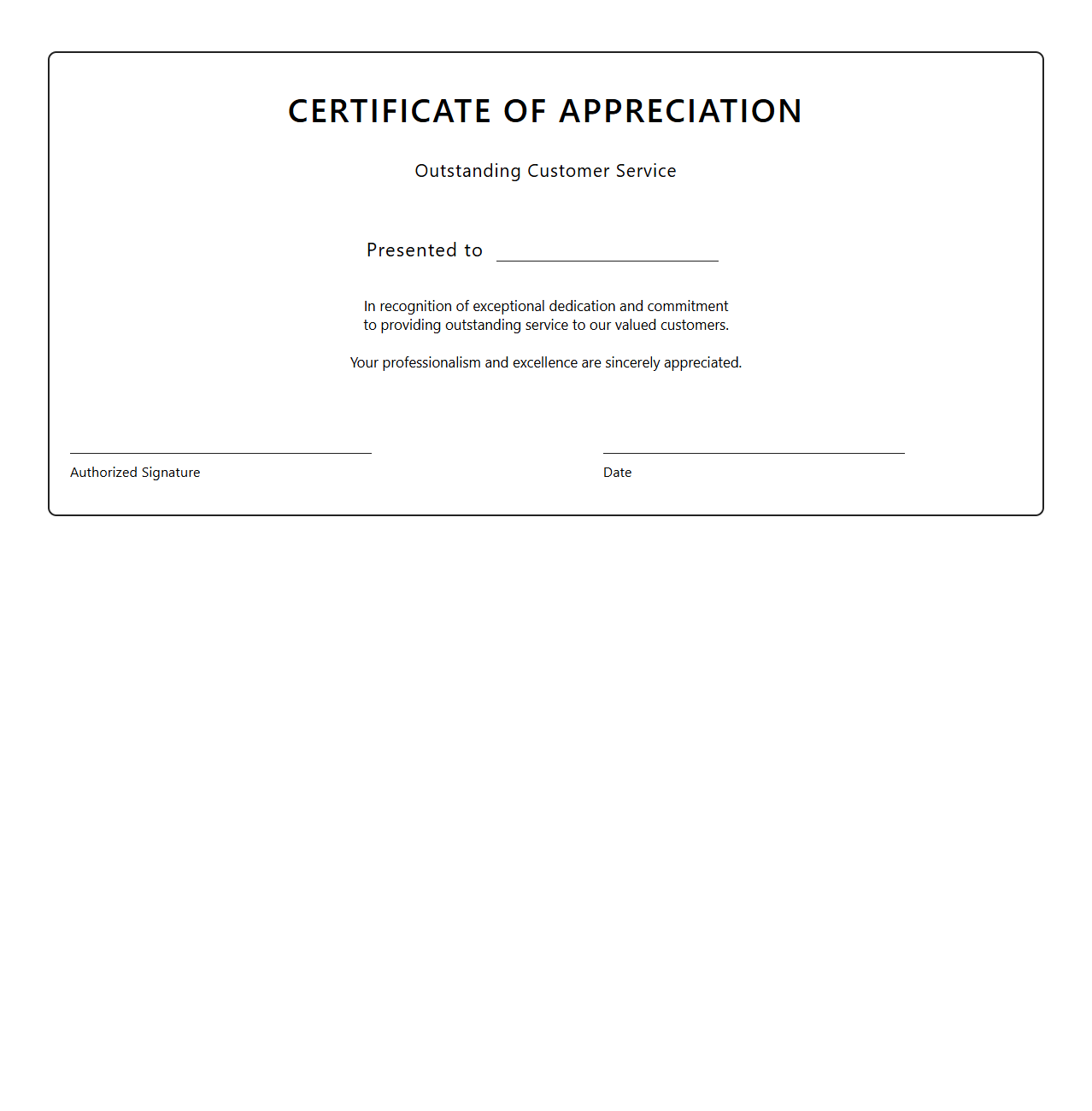 Blank Certificate Template for Outstanding Customer Service