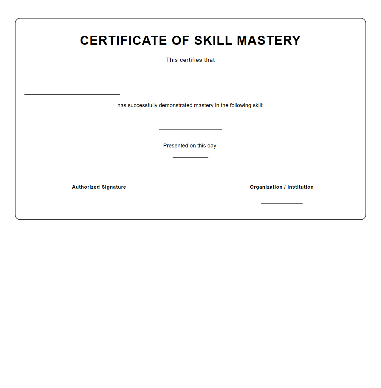 Blank Certificate Template for Skill Mastery
