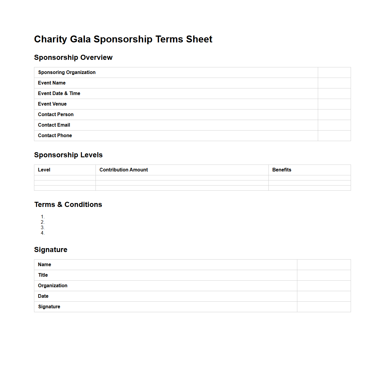 Blank Charity Gala Sponsorship Terms Sheet