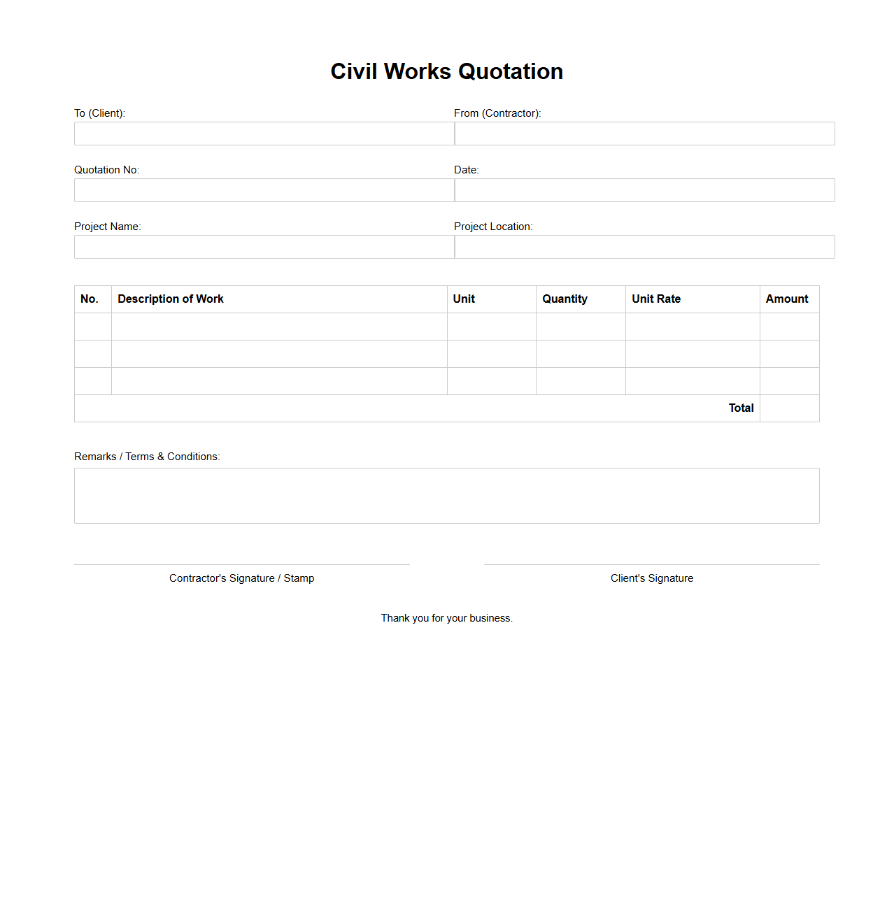 Blank Civil Works Quotation Template