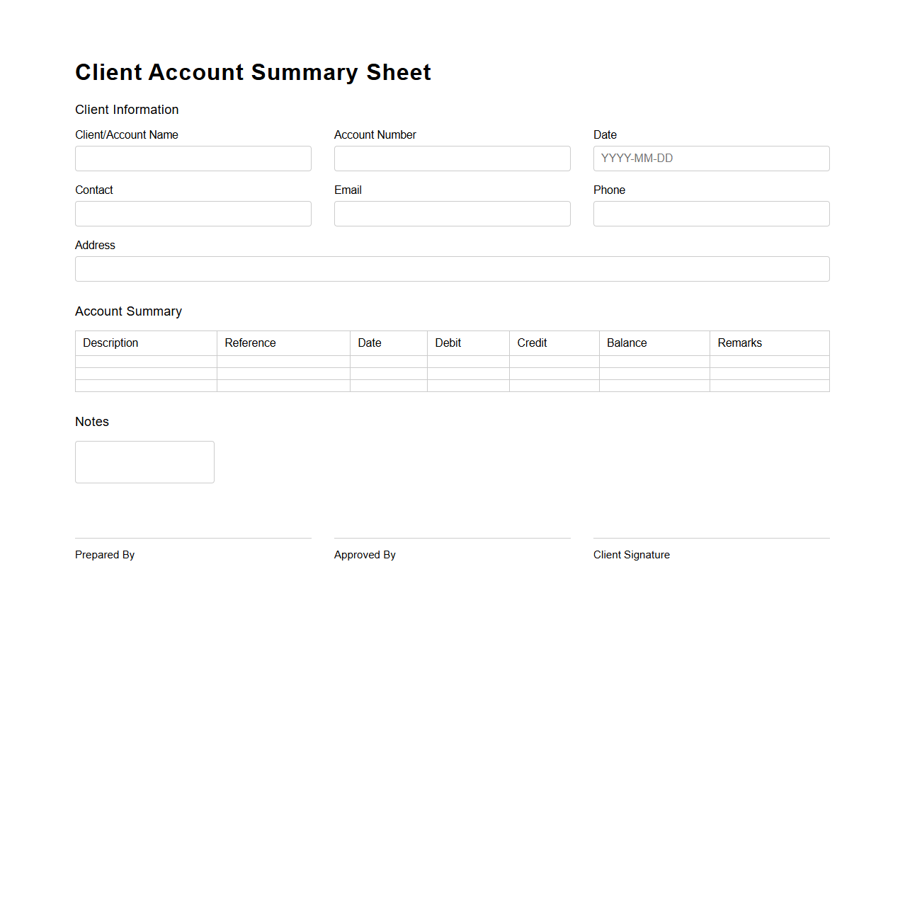 Blank Client Account Summary Sheet