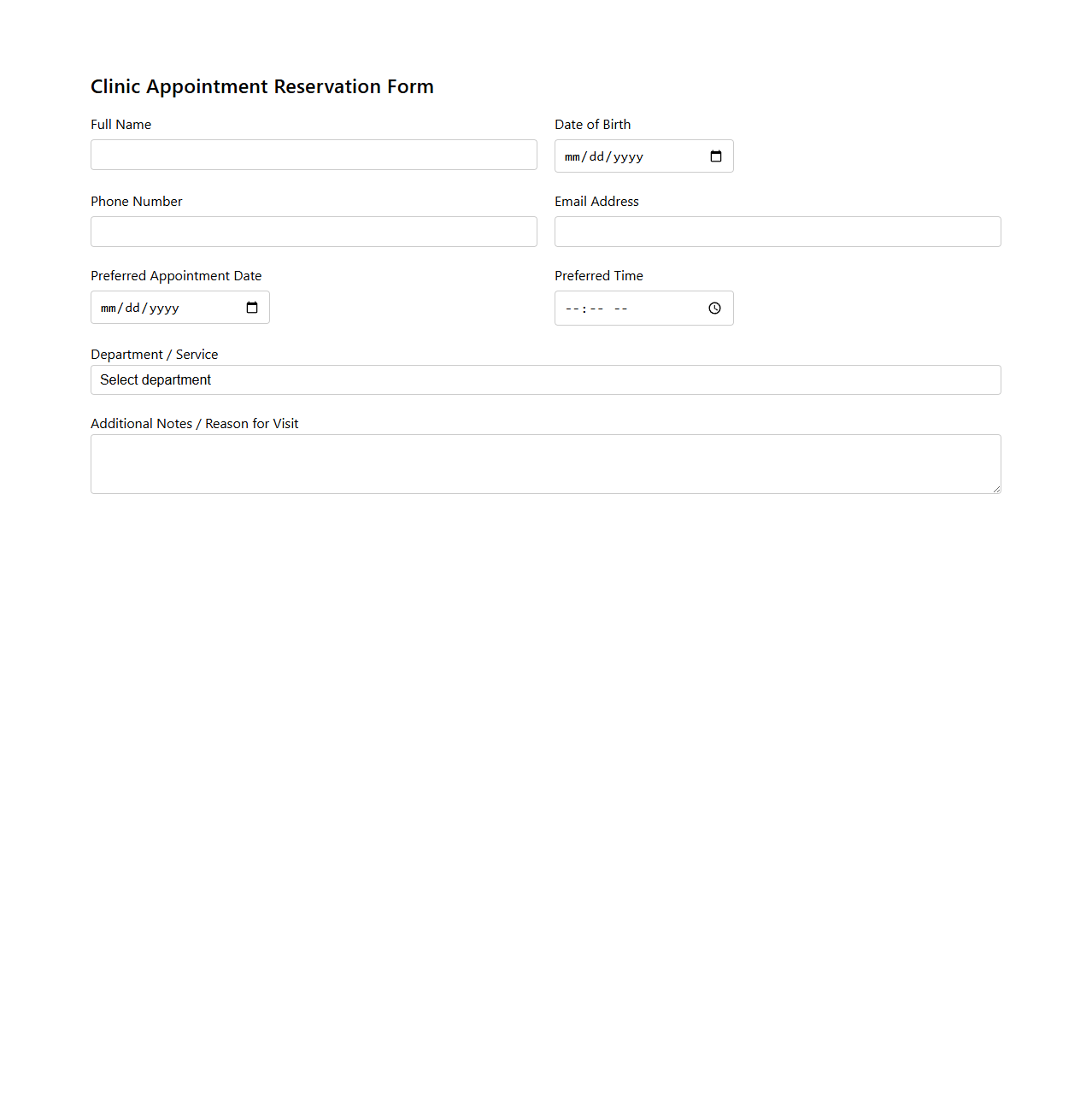Blank Clinic Appointment Reservation Form Template