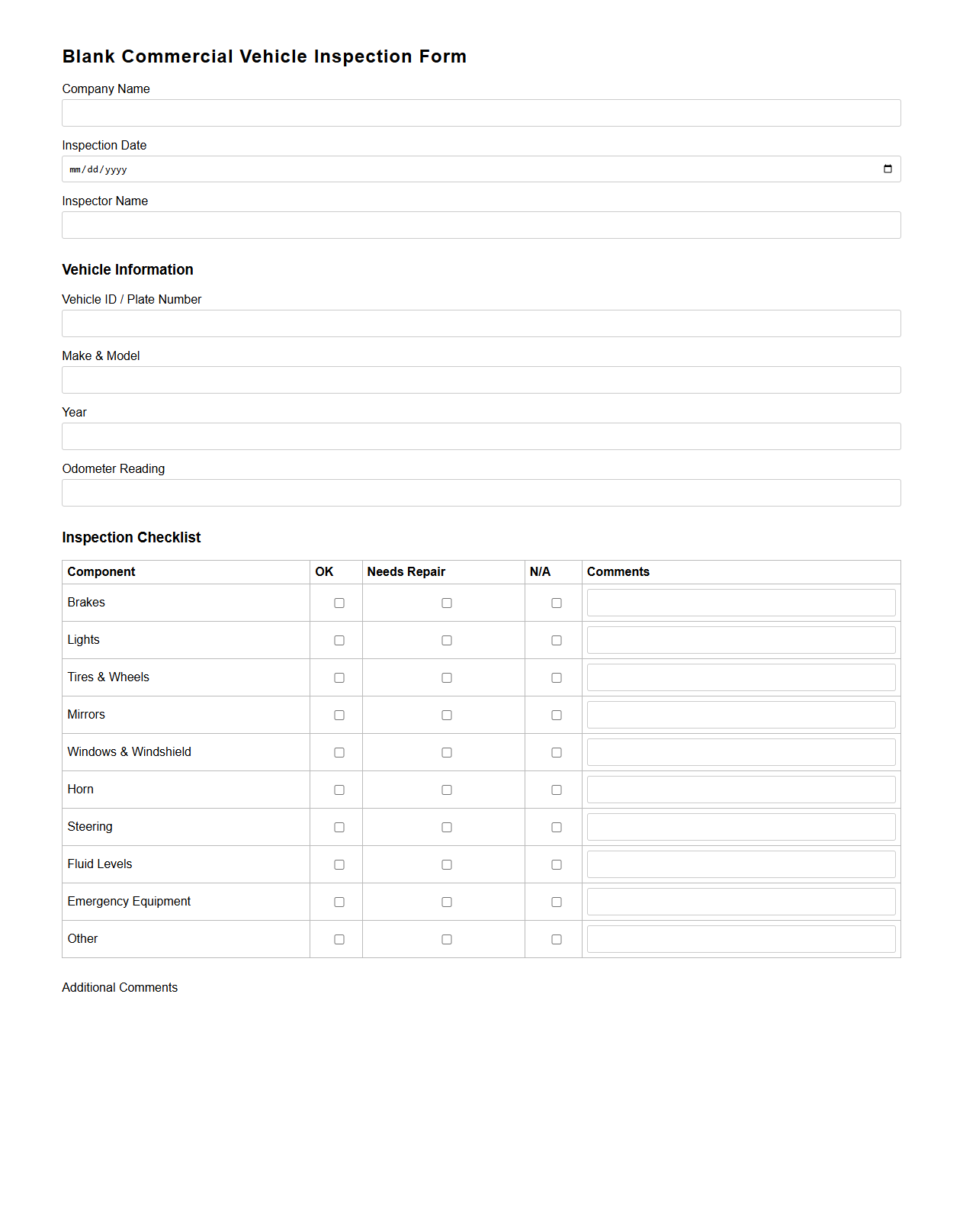Blank Commercial Vehicle Inspection Form Template