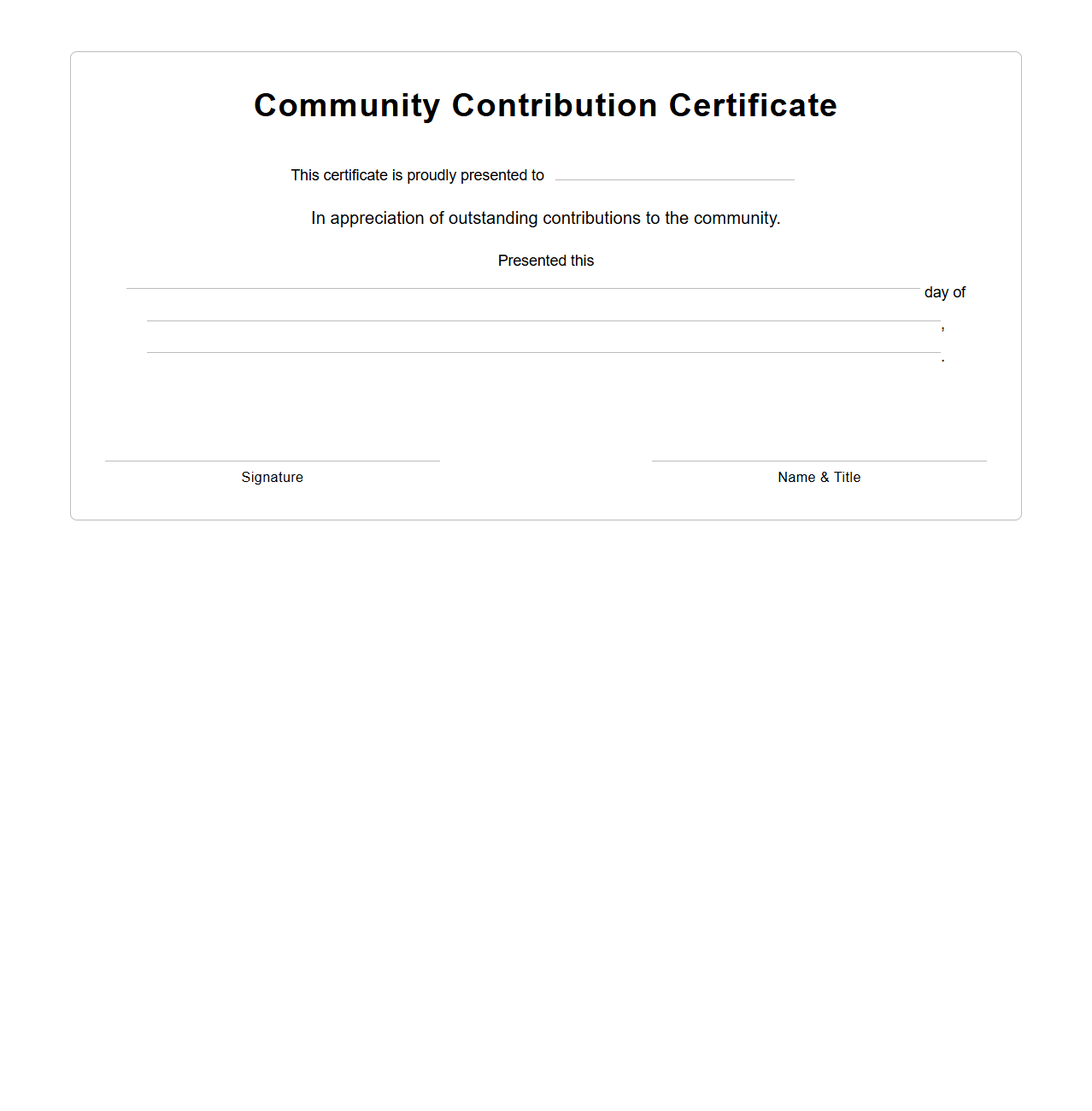 Blank Community Contribution Certificate Template
