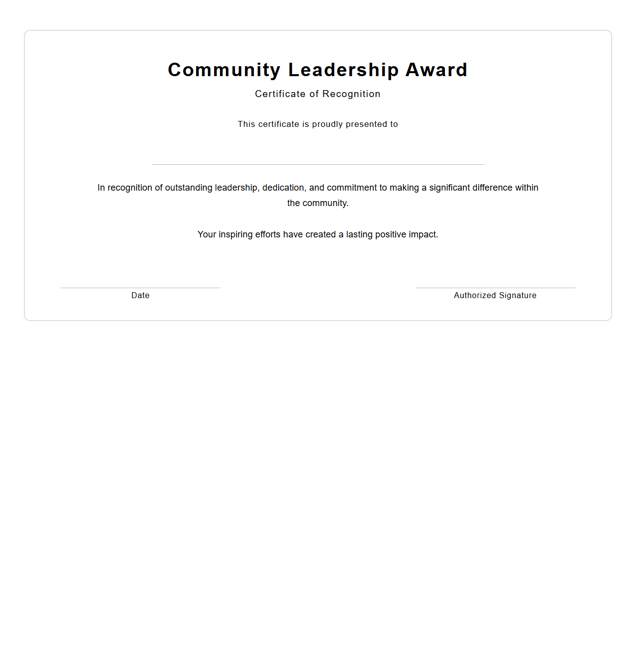 Blank Community Leadership Award Certificate
