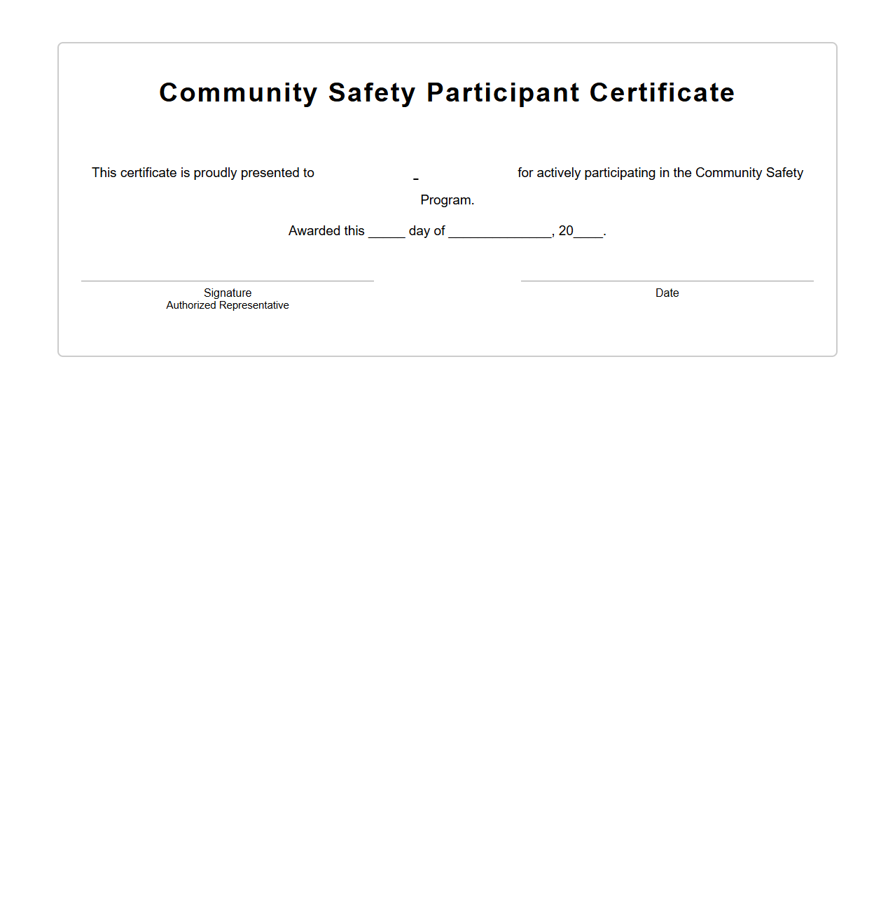 Blank Community Safety Participant Certificate
