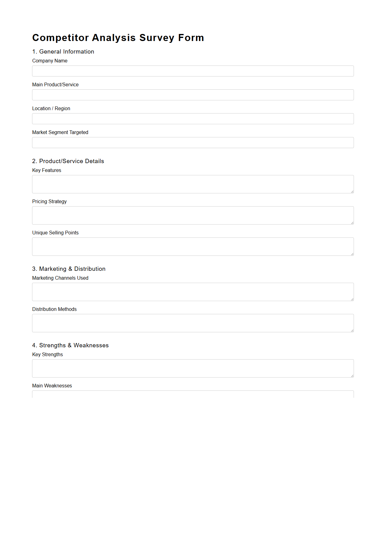 Blank Competitor Analysis Survey Form for Market Evaluation