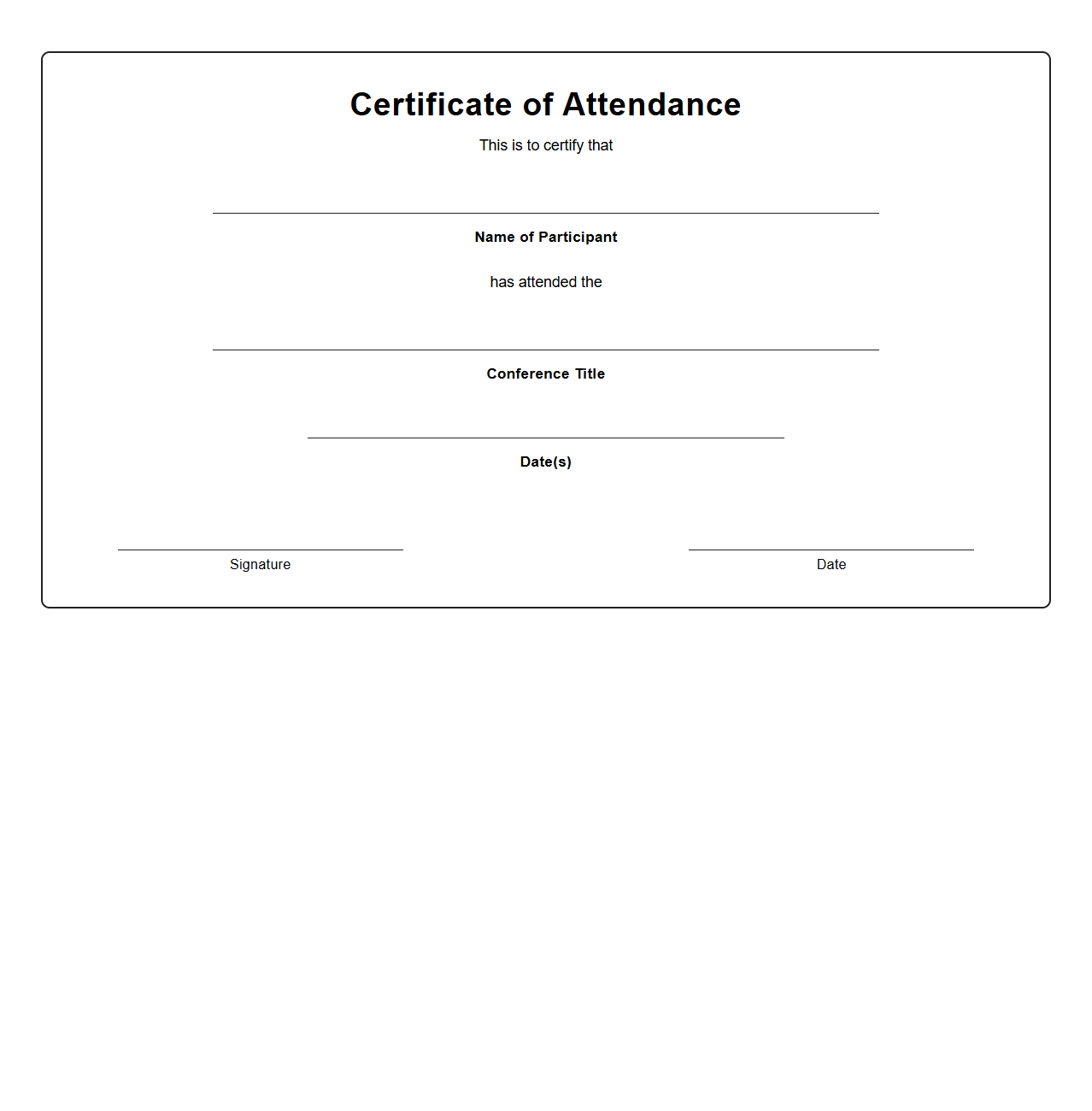 Blank Conference Attendance Certificate Template