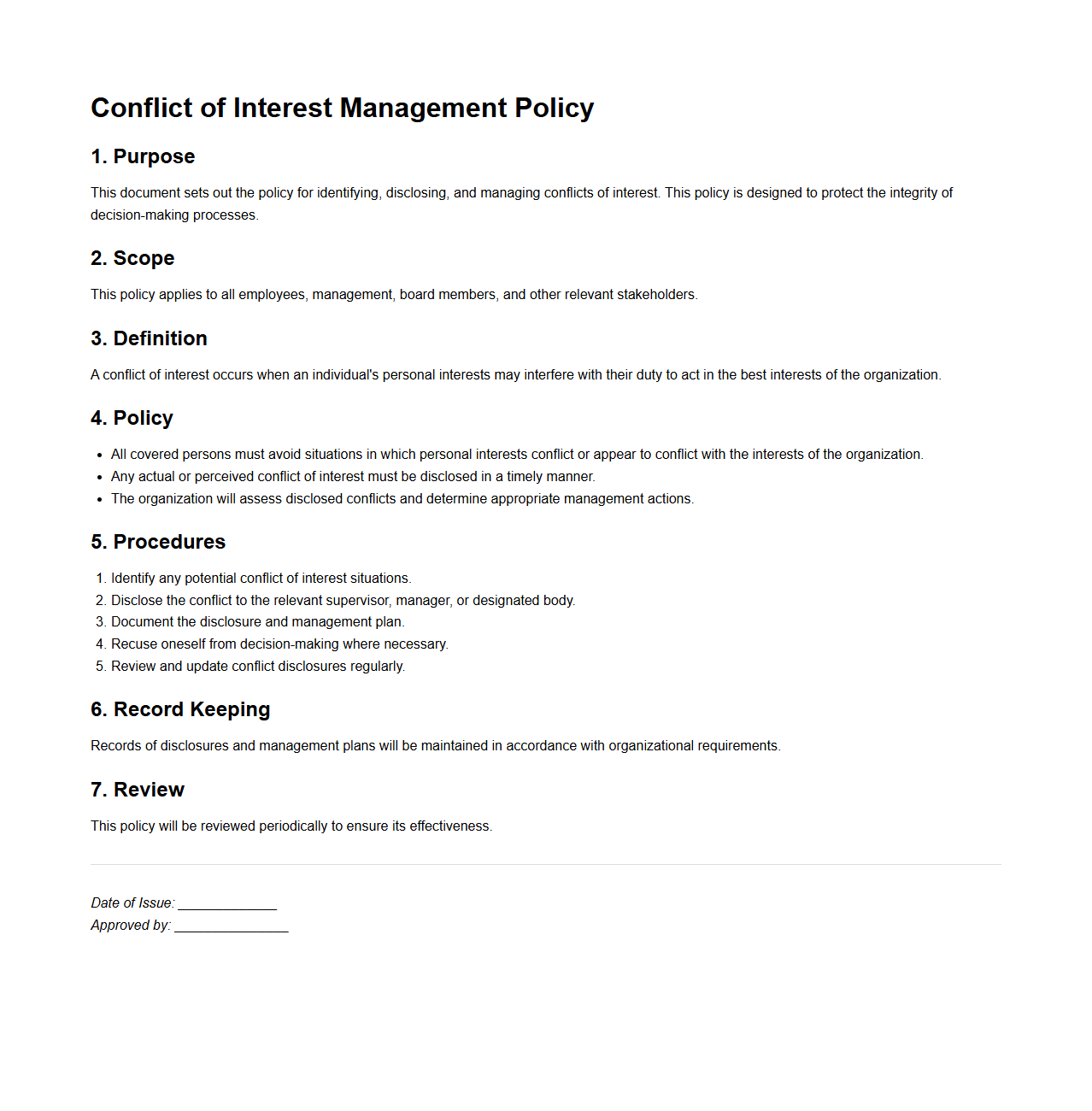 Blank Conflict of Interest Management Policy