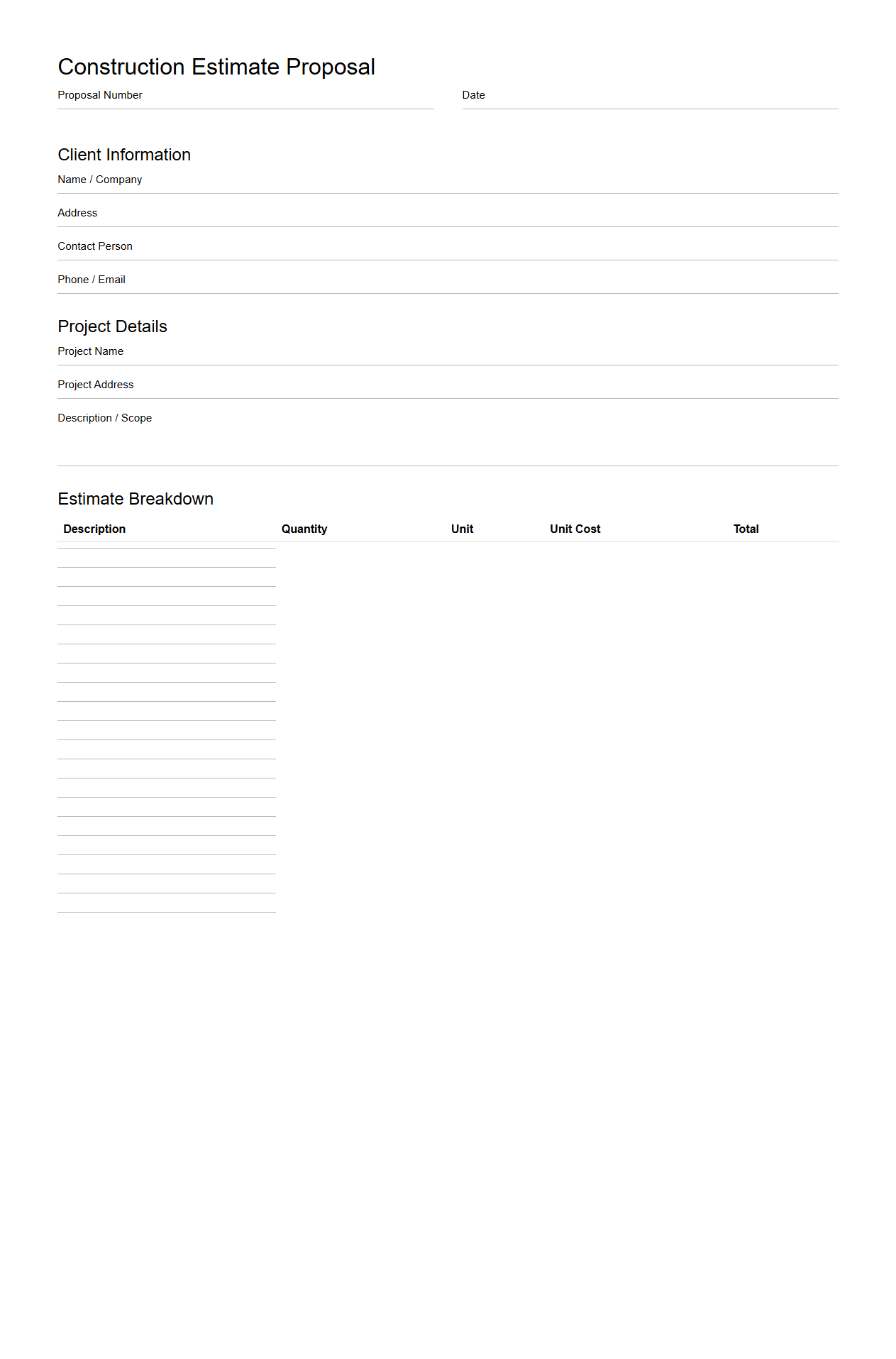 Blank Construction Estimate Proposal Document
