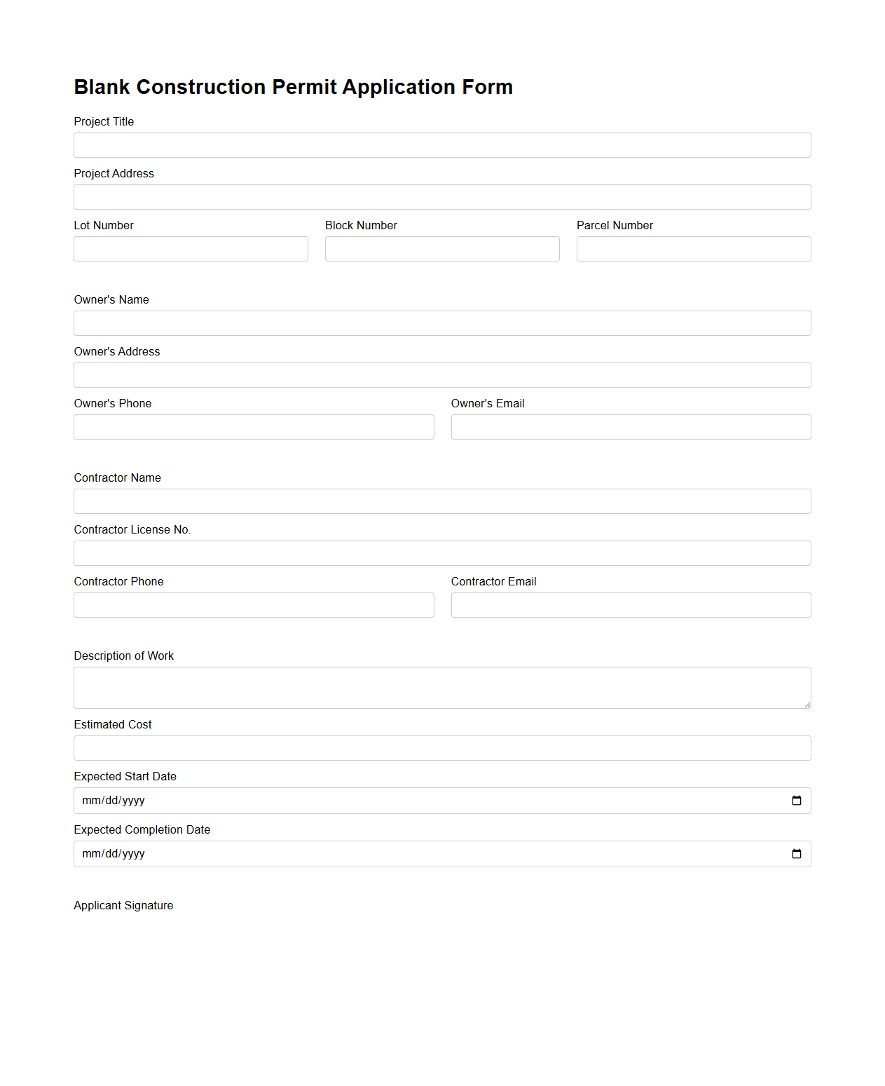 Blank Construction Permit Application Form