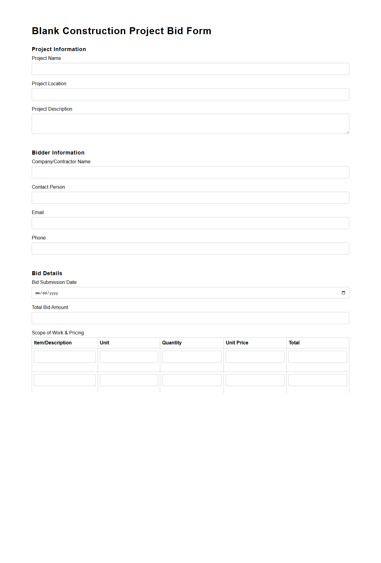 Blank Construction Project Bid Form