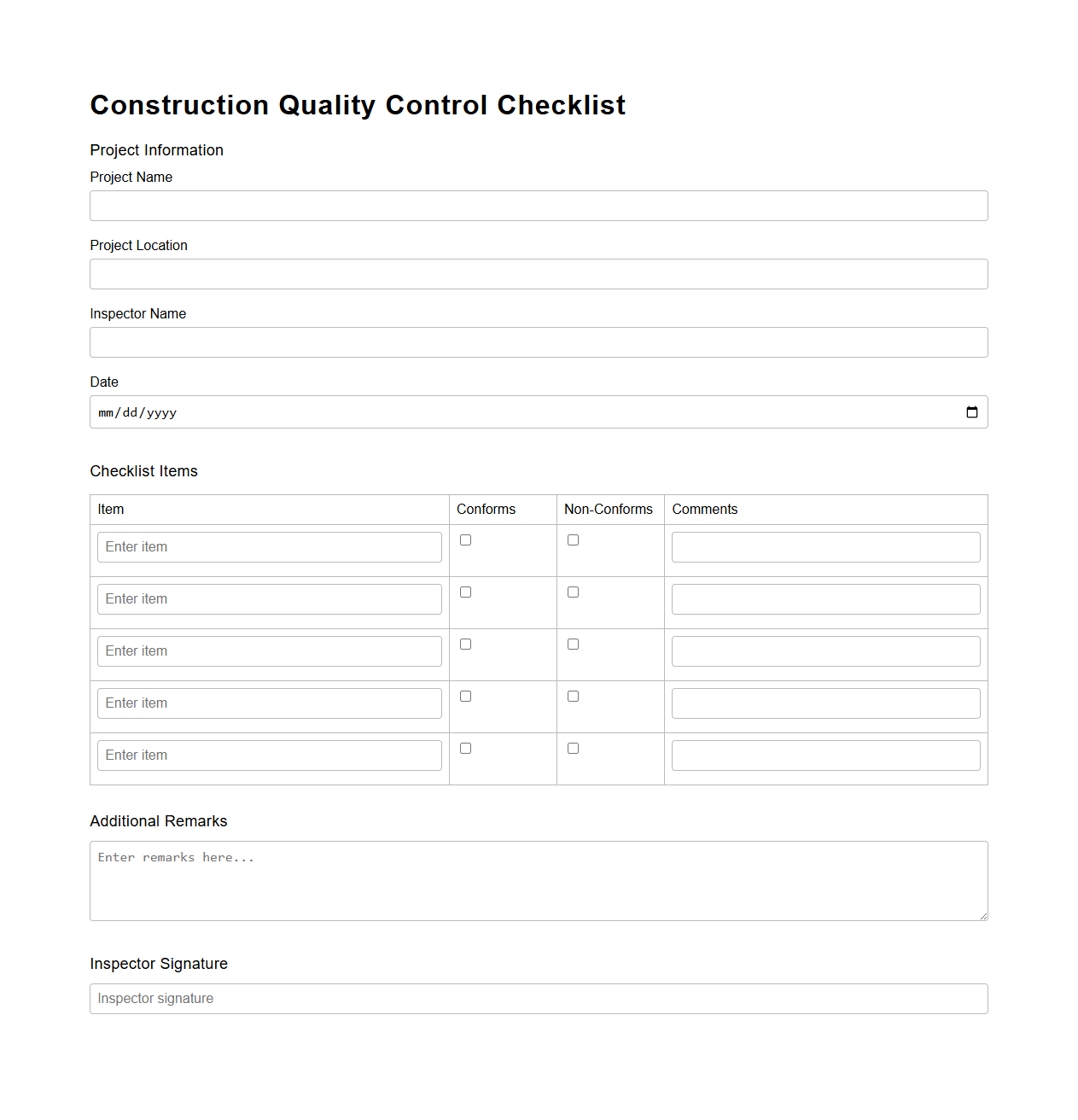 Blank Construction Quality Control Checklist