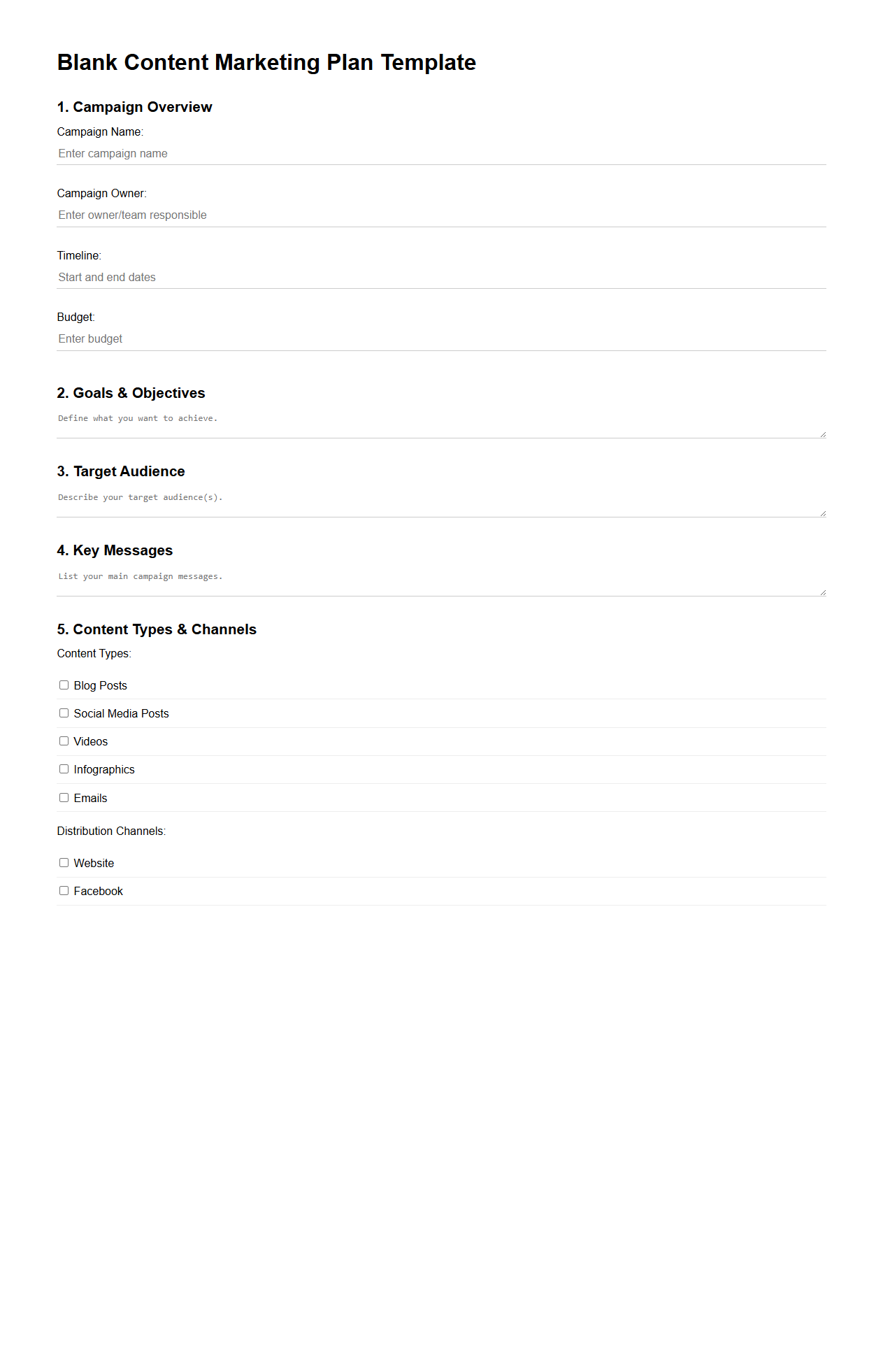 Blank Content Marketing Plan Template for Campaigns